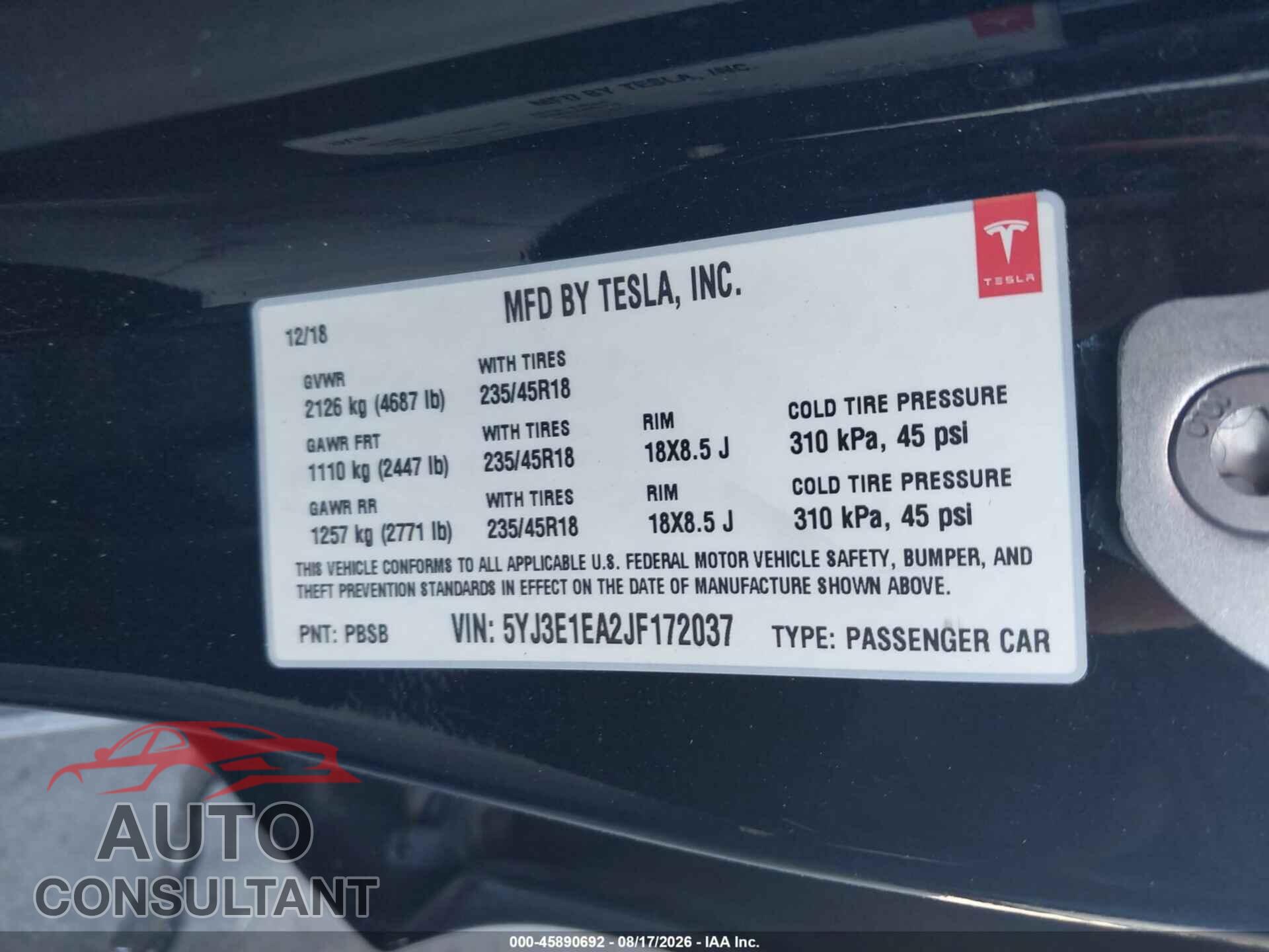 TESLA MODEL 3 2018 - 5YJ3E1EA2JF172037