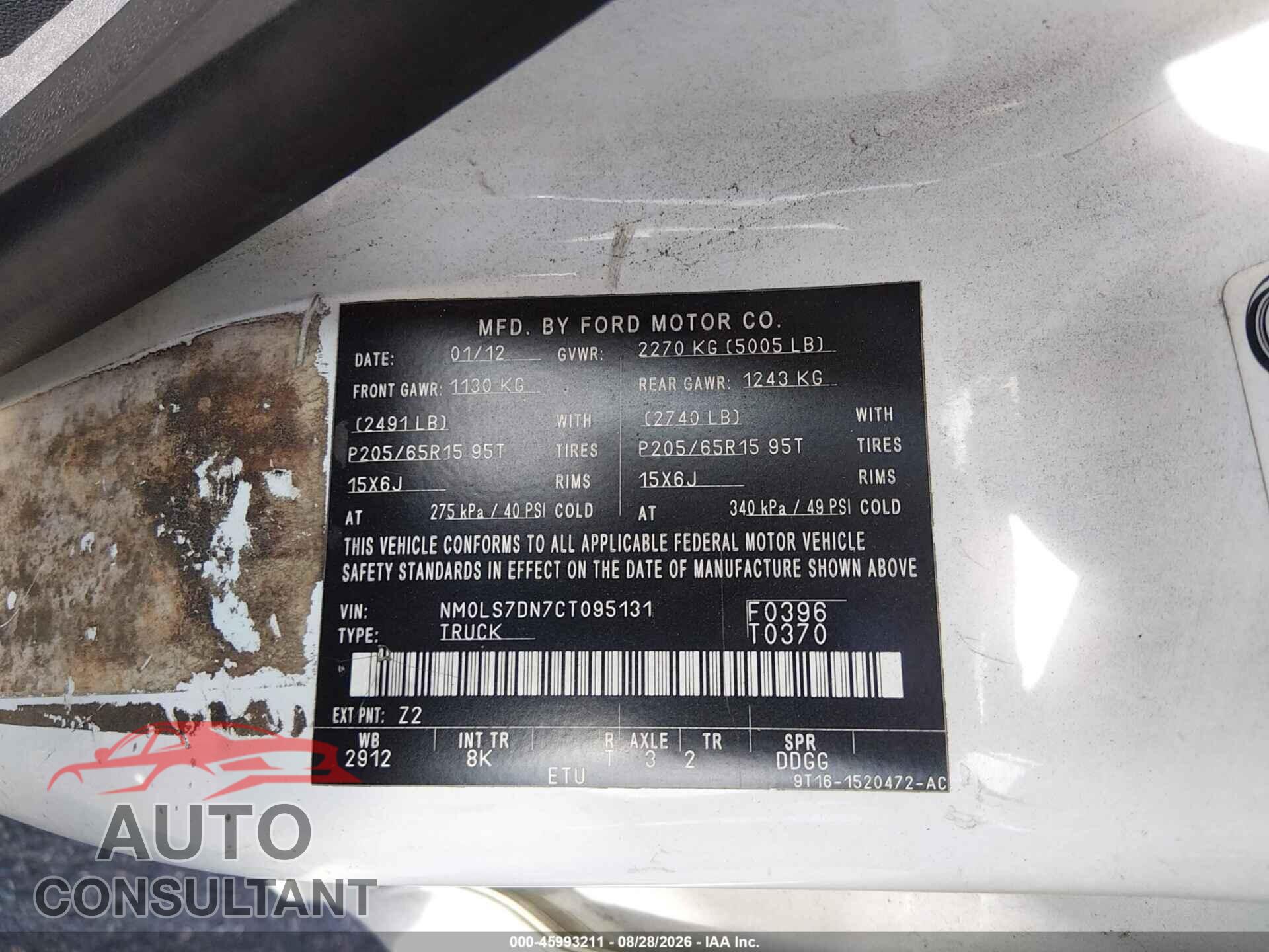 FORD TRANSIT CONNECT 2012 - NM0LS7DN7CT095131