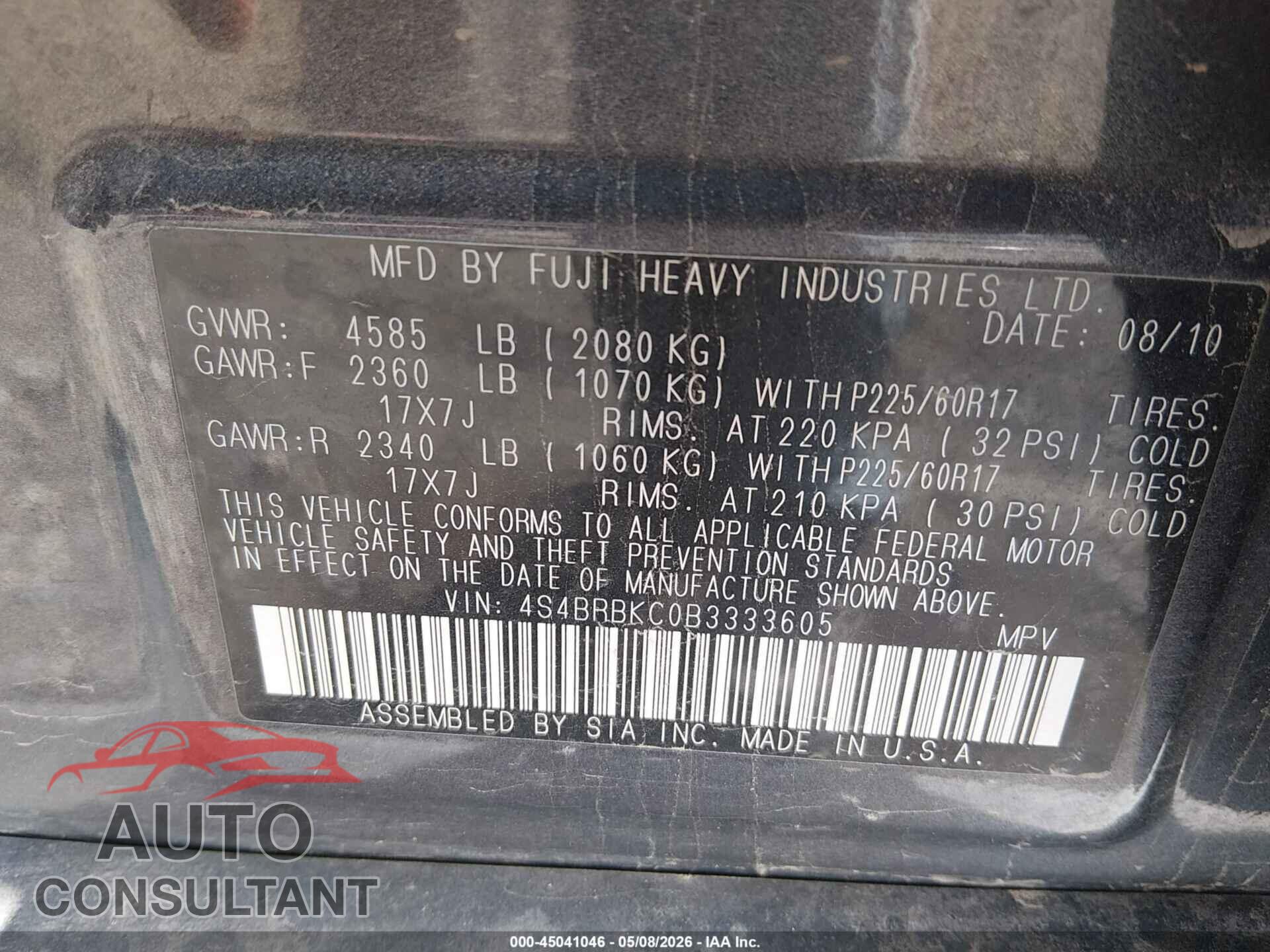 SUBARU OUTBACK 2011 - 4S4BRBKC0B3333605