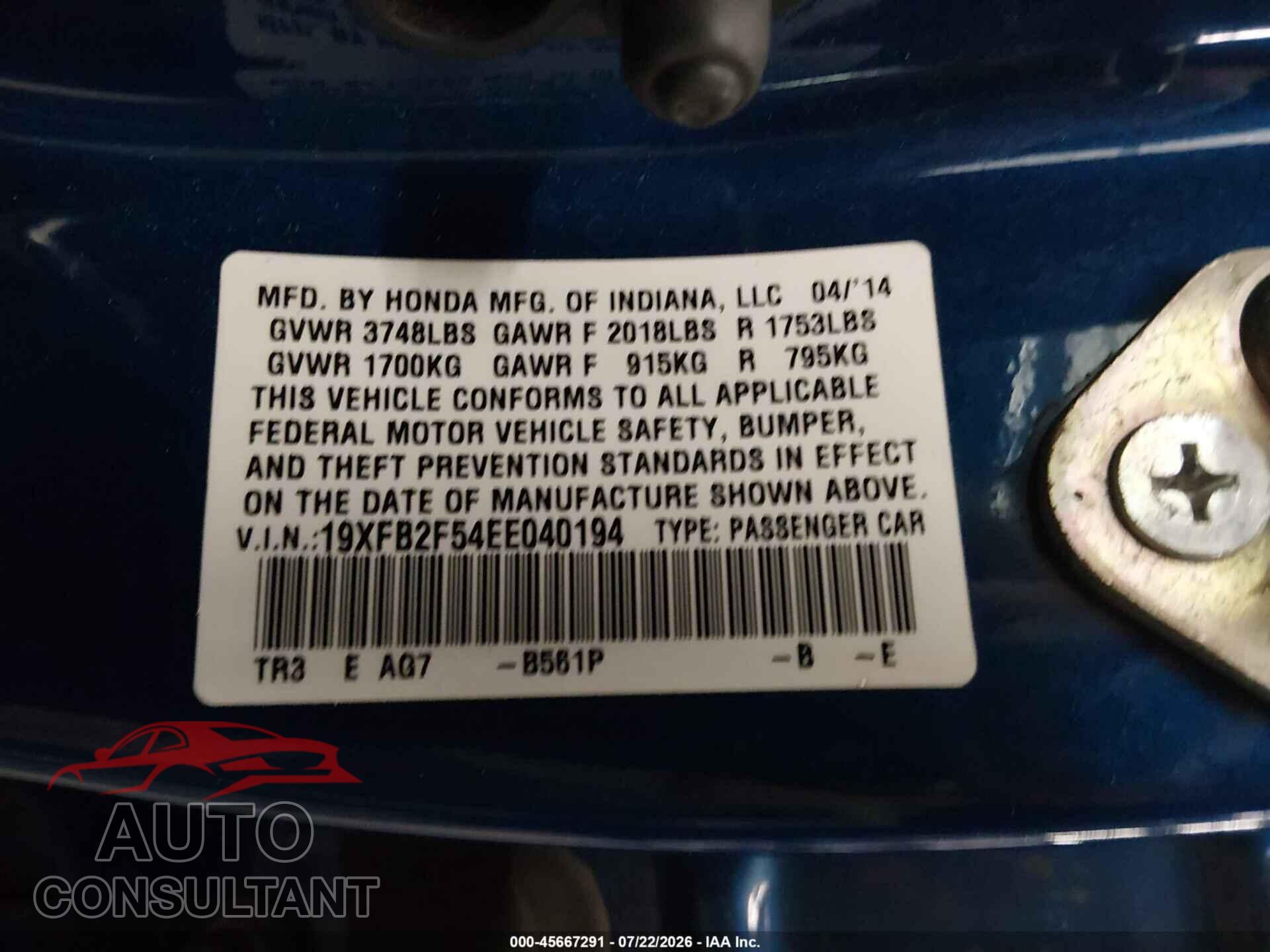 HONDA CIVIC 2014 - 19XFB2F54EE040194