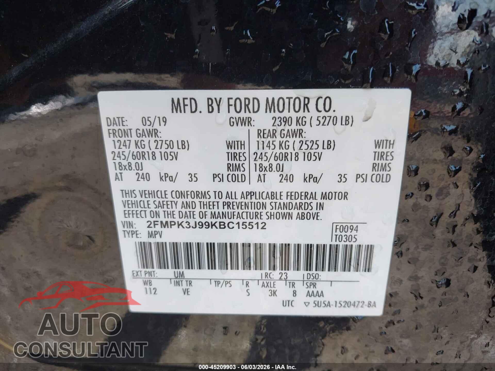 FORD EDGE 2019 - 2FMPK3J99KBC15512