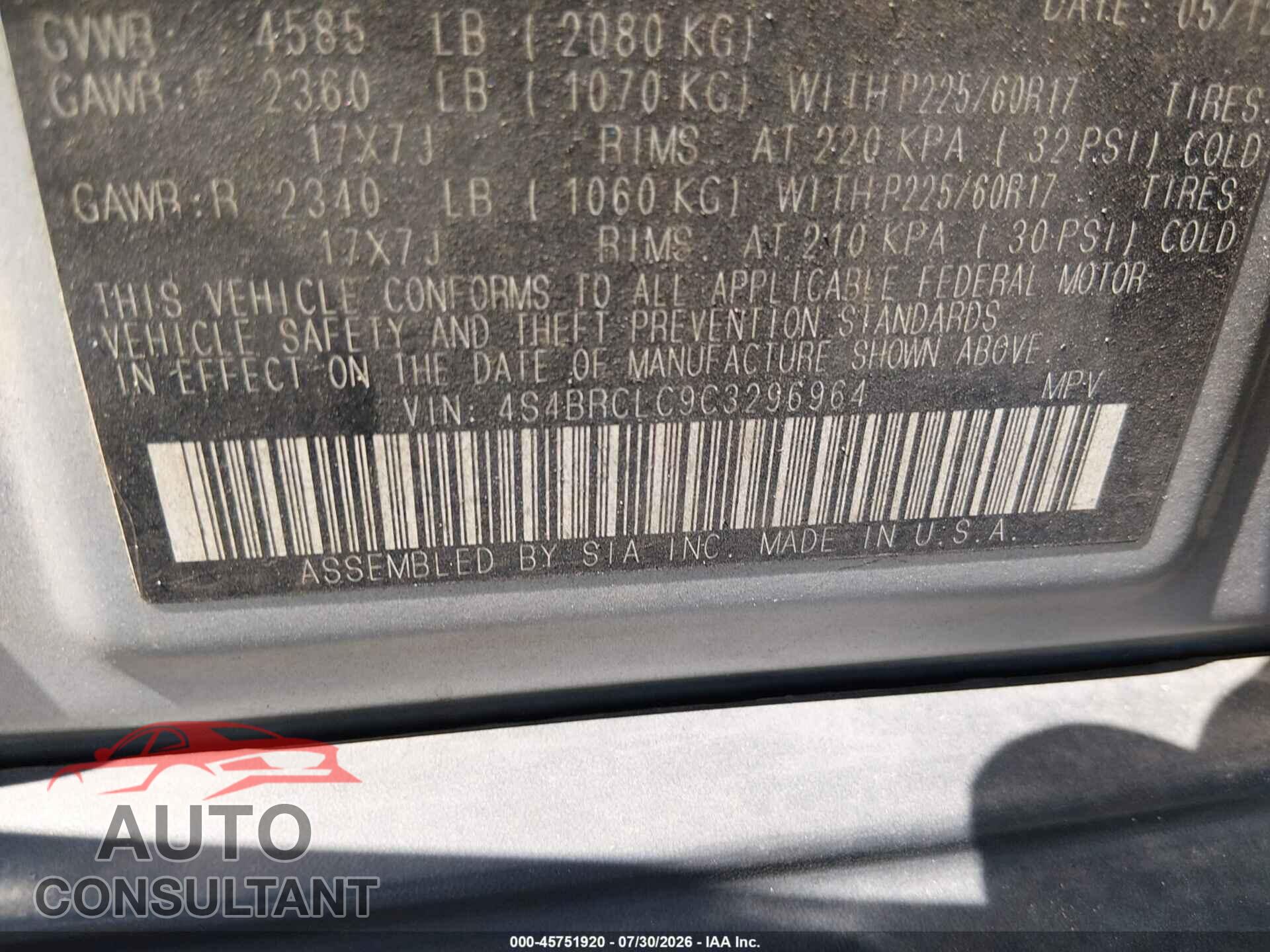 SUBARU OUTBACK 2012 - 4S4BRCLC9C3296964