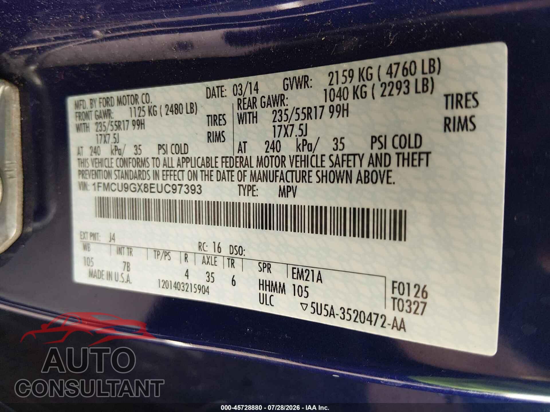 FORD ESCAPE 2014 - 1FMCU9GX8EUC97393