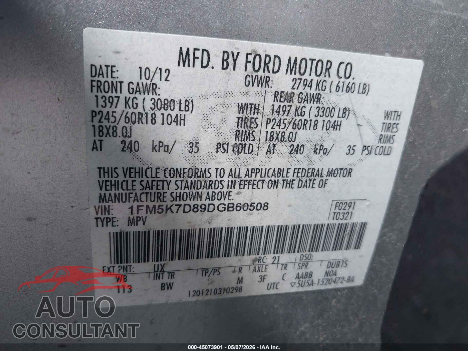 FORD EXPLORER 2013 - 1FM5K7D89DGB60508
