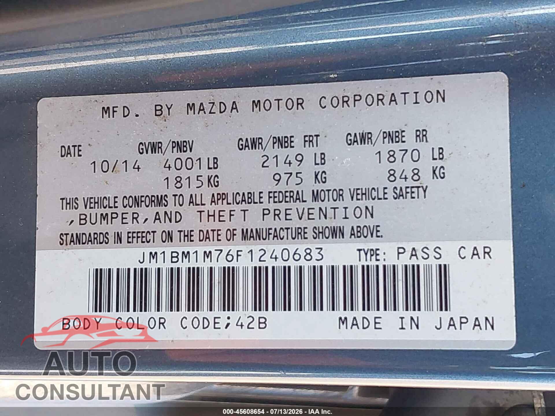 MAZDA MAZDA3 2015 - JM1BM1M76F1240683