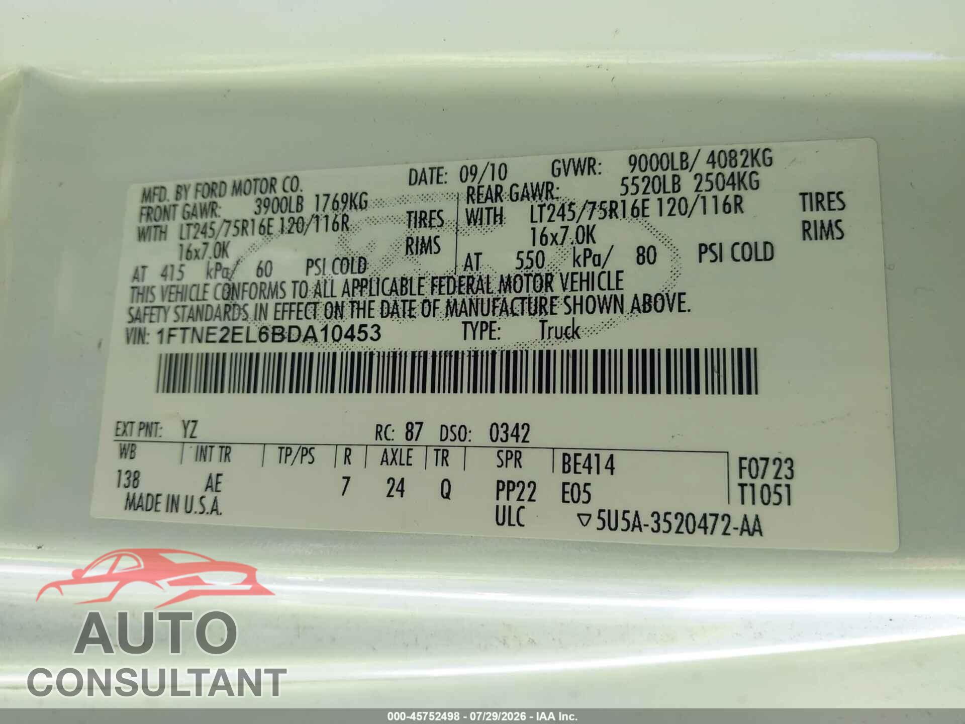 FORD E-250 2011 - 1FTNE2EL6BDA10453