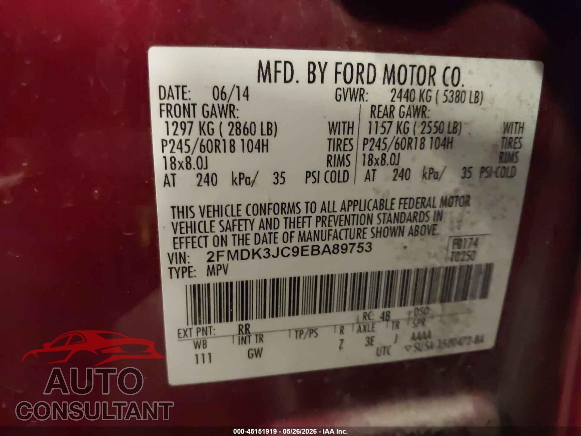 FORD EDGE 2014 - 2FMDK3JC9EBA89753