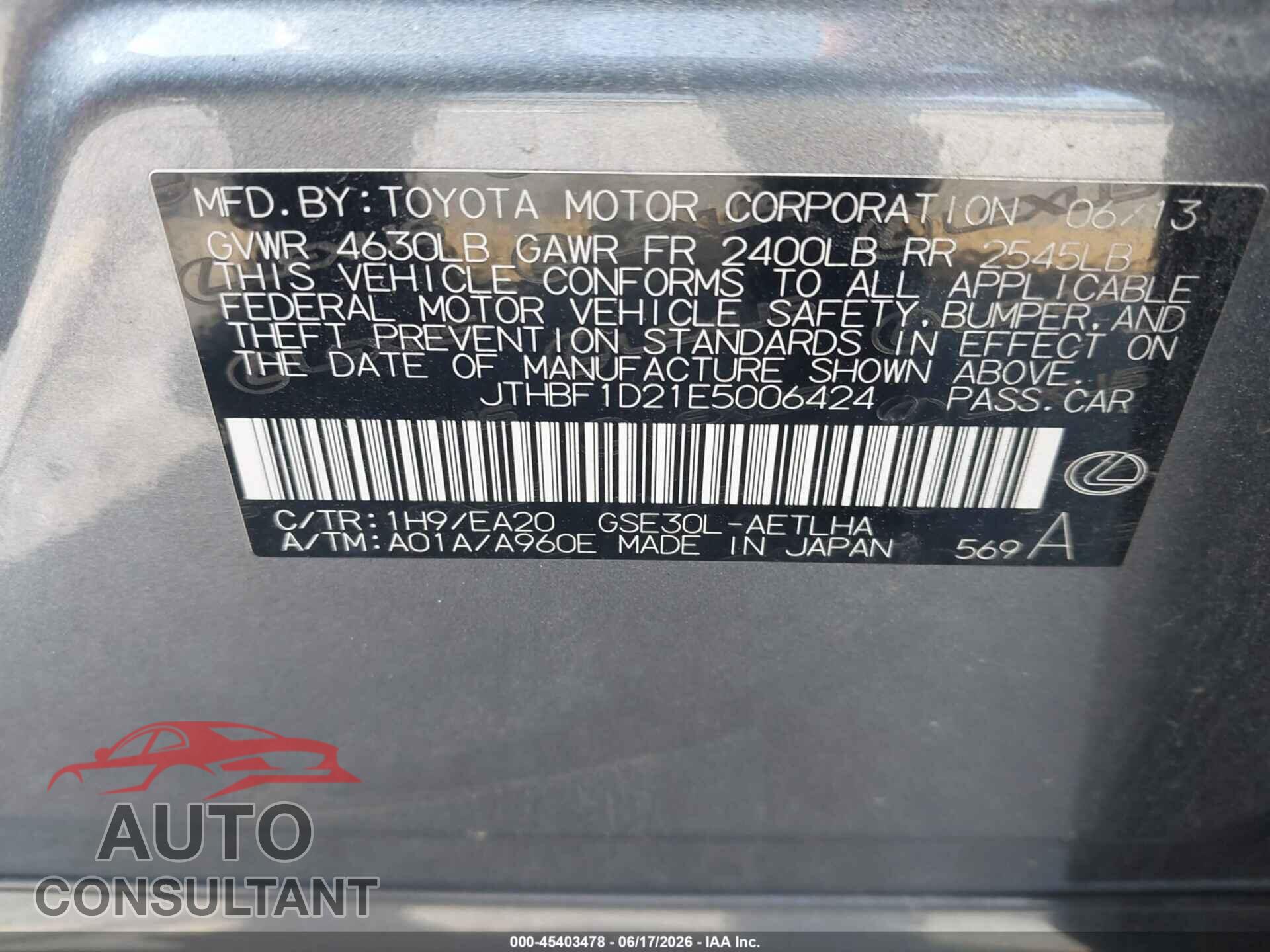LEXUS IS 250 2014 - JTHBF1D21E5006424