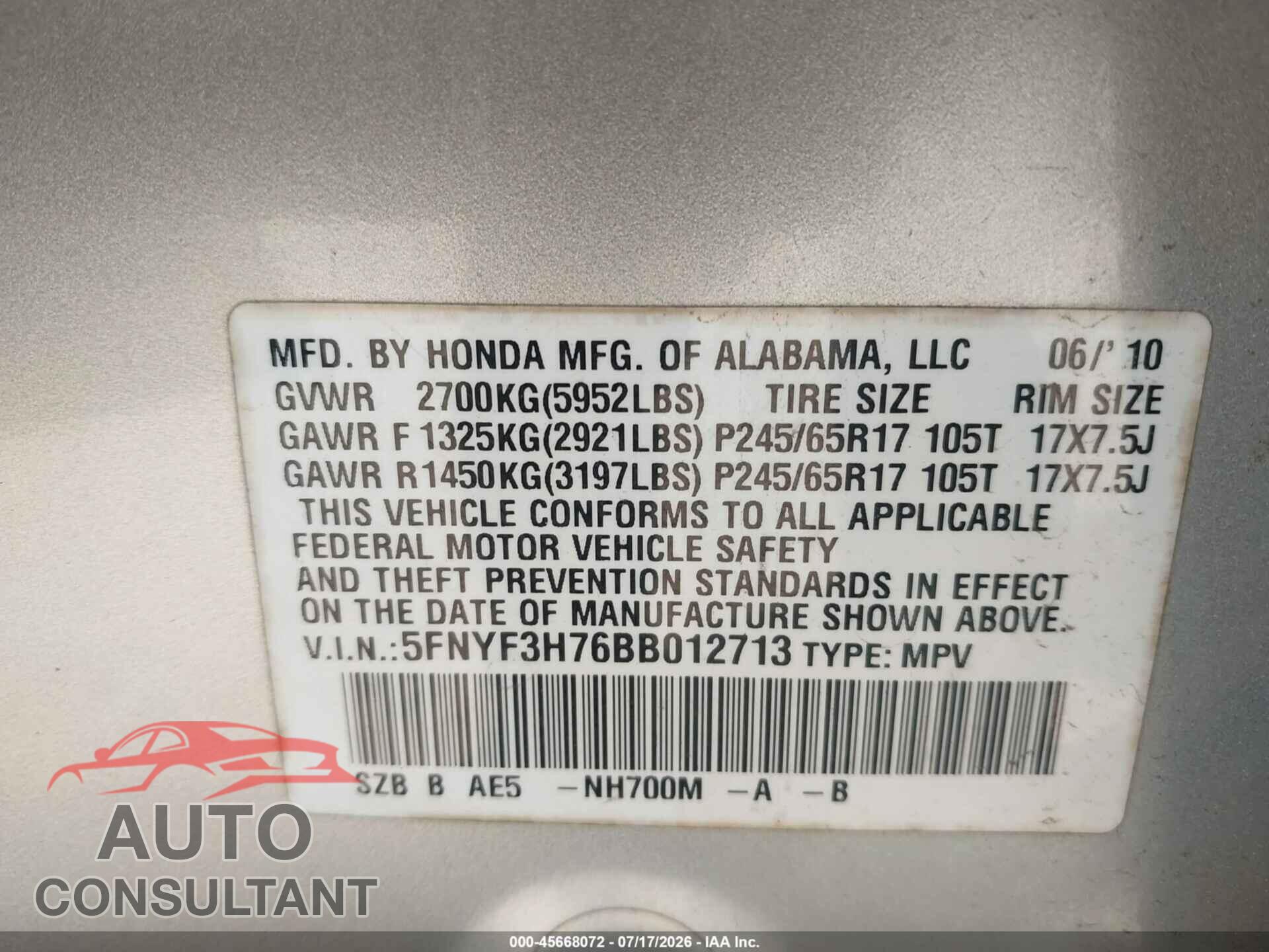 HONDA PILOT 2011 - 5FNYF3H76BB012713