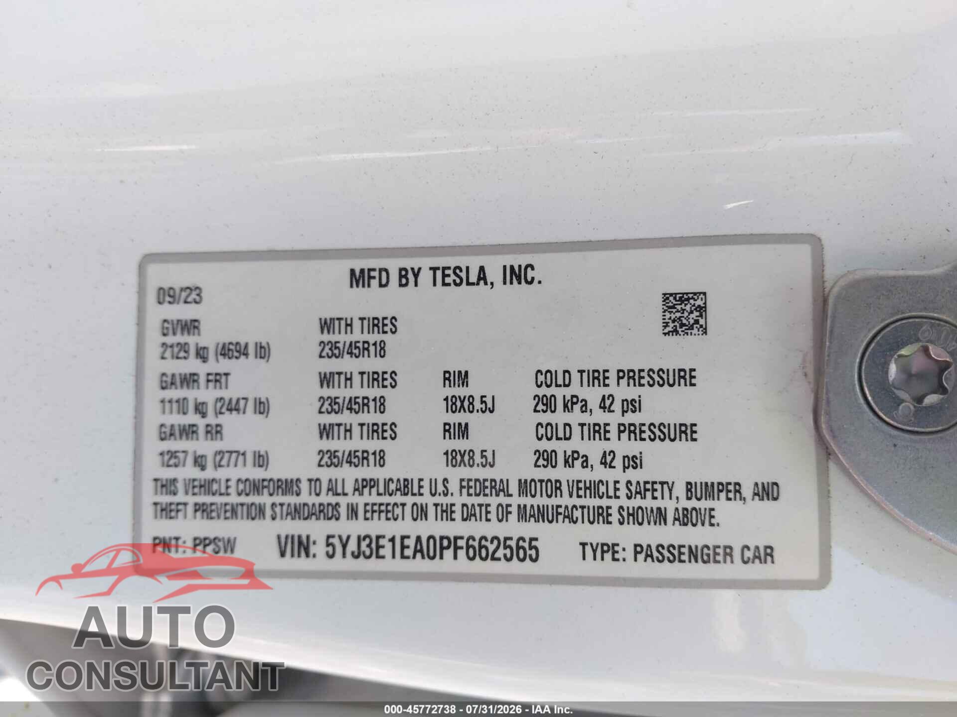 TESLA MODEL 3 2023 - 5YJ3E1EA0PF662565