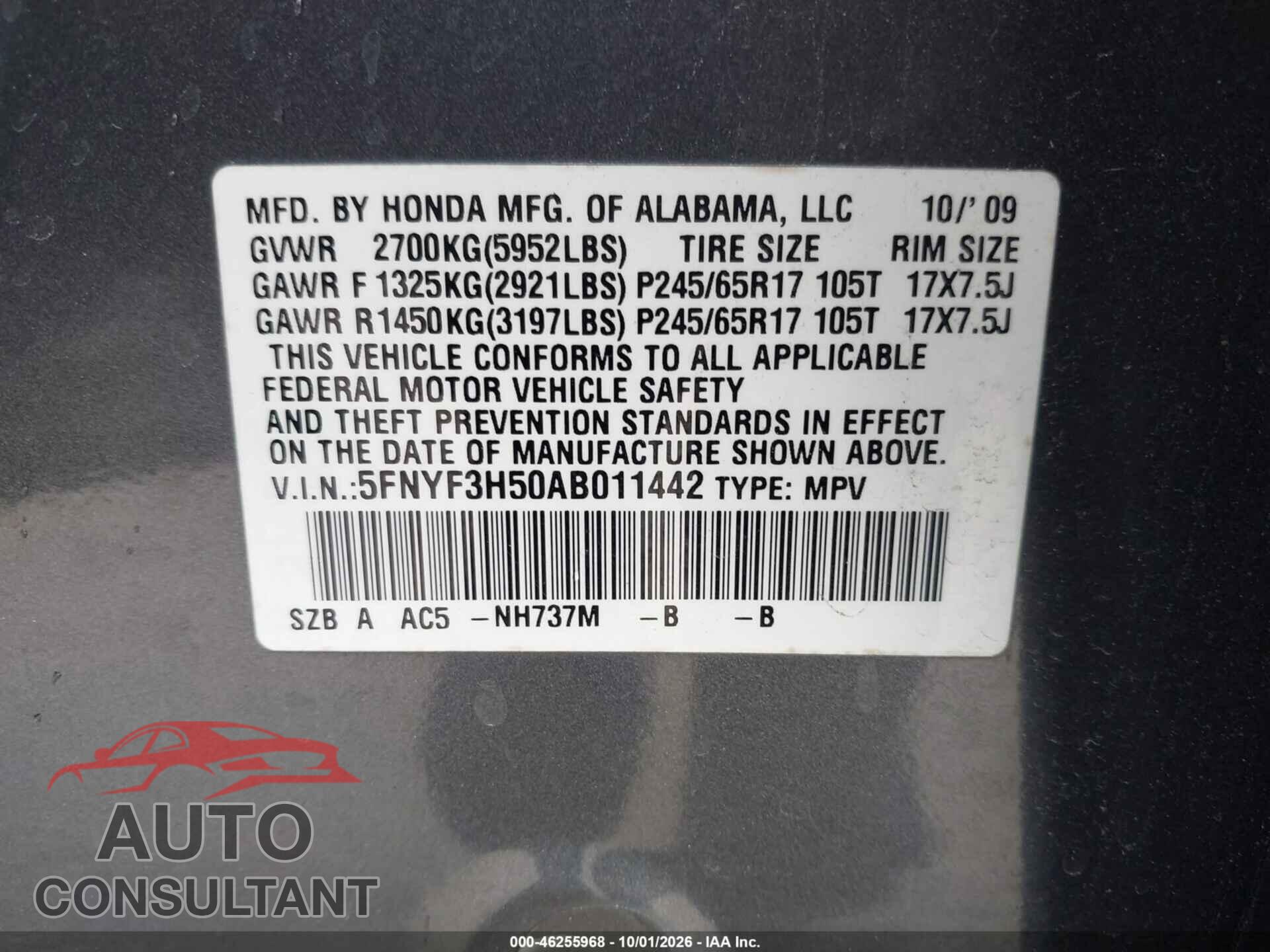 HONDA PILOT 2010 - 5FNYF3H50AB011442