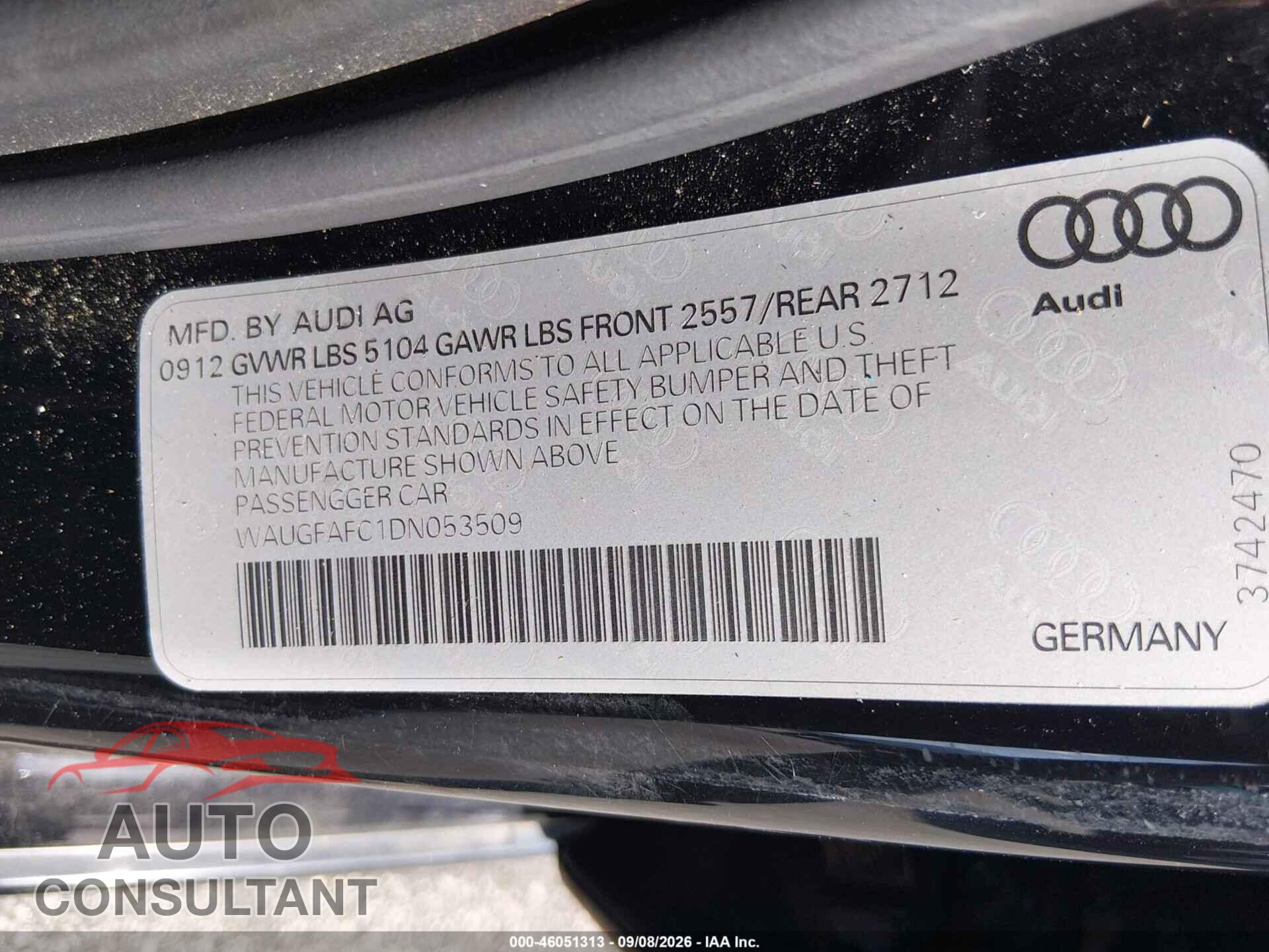 AUDI A6 2013 - WAUGFAFC1DN053509