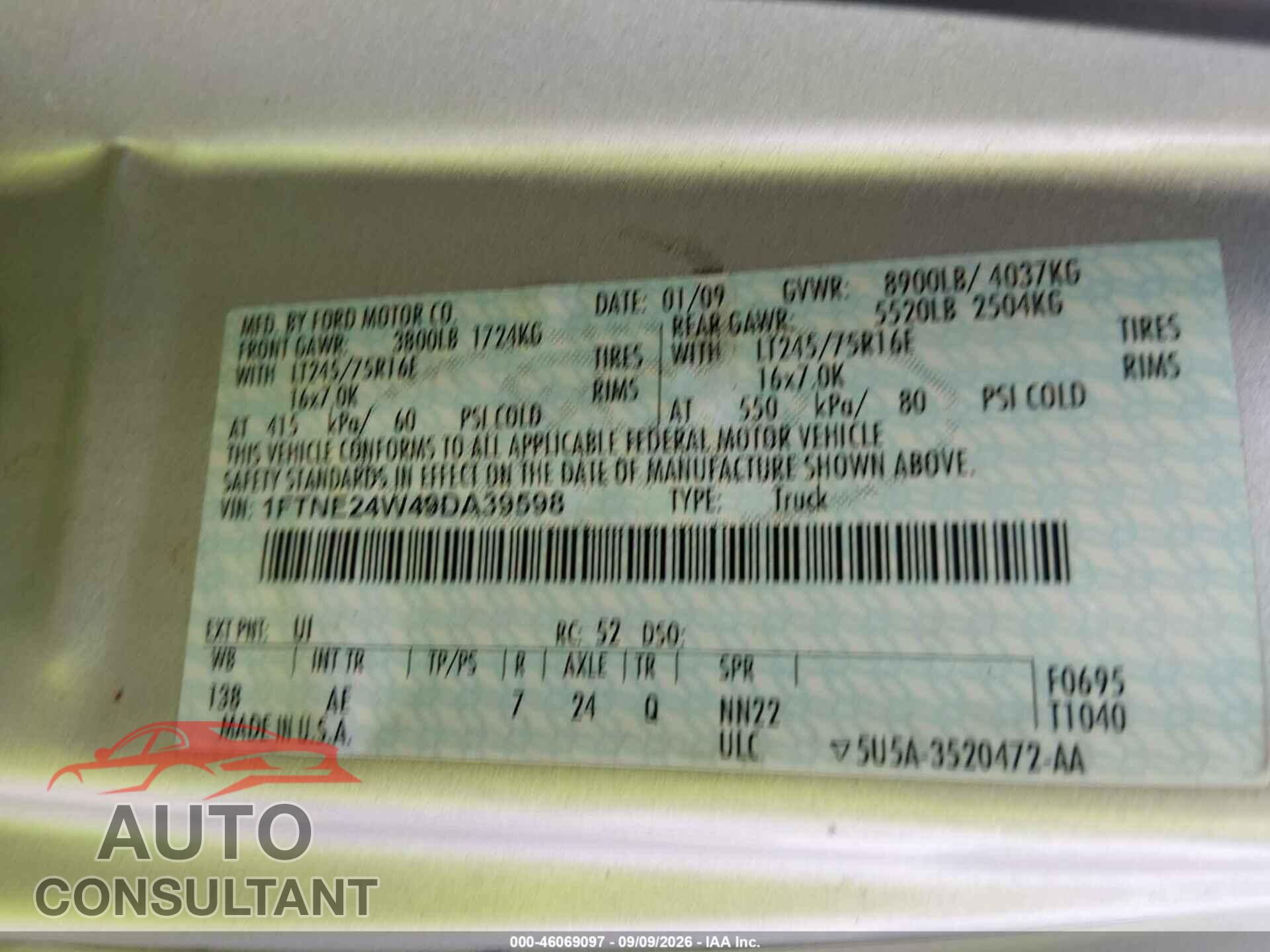 FORD E-250 2009 - 1FTNE24W49DA39598