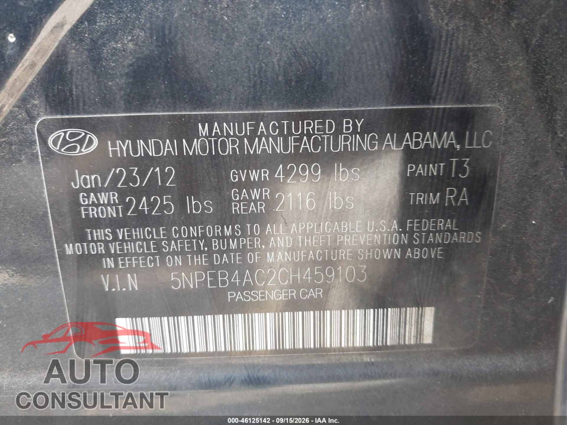 HYUNDAI SONATA 2012 - 5NPEB4AC2CH459103