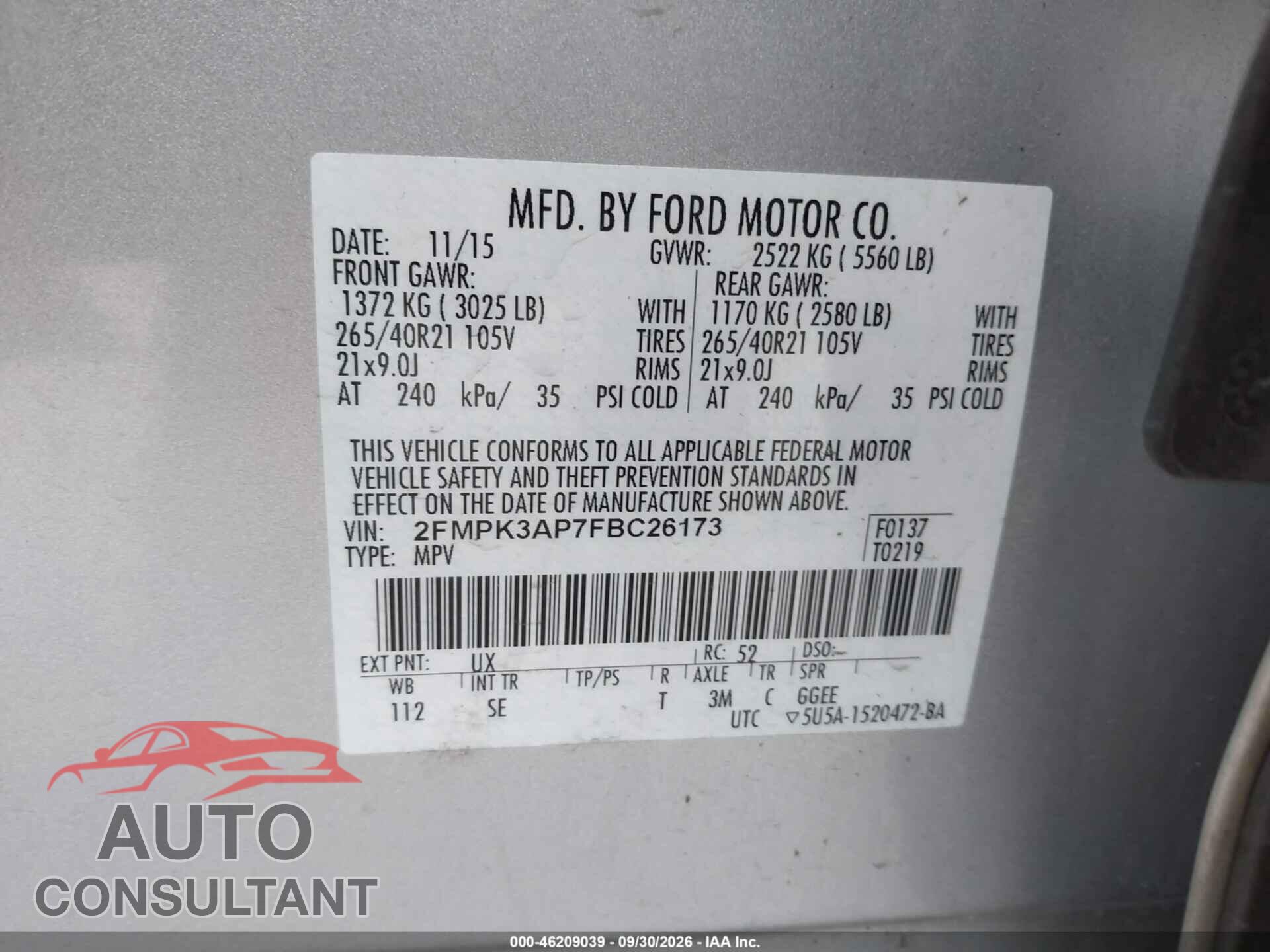 FORD EDGE 2015 - 2FMPK3AP7FBC26173
