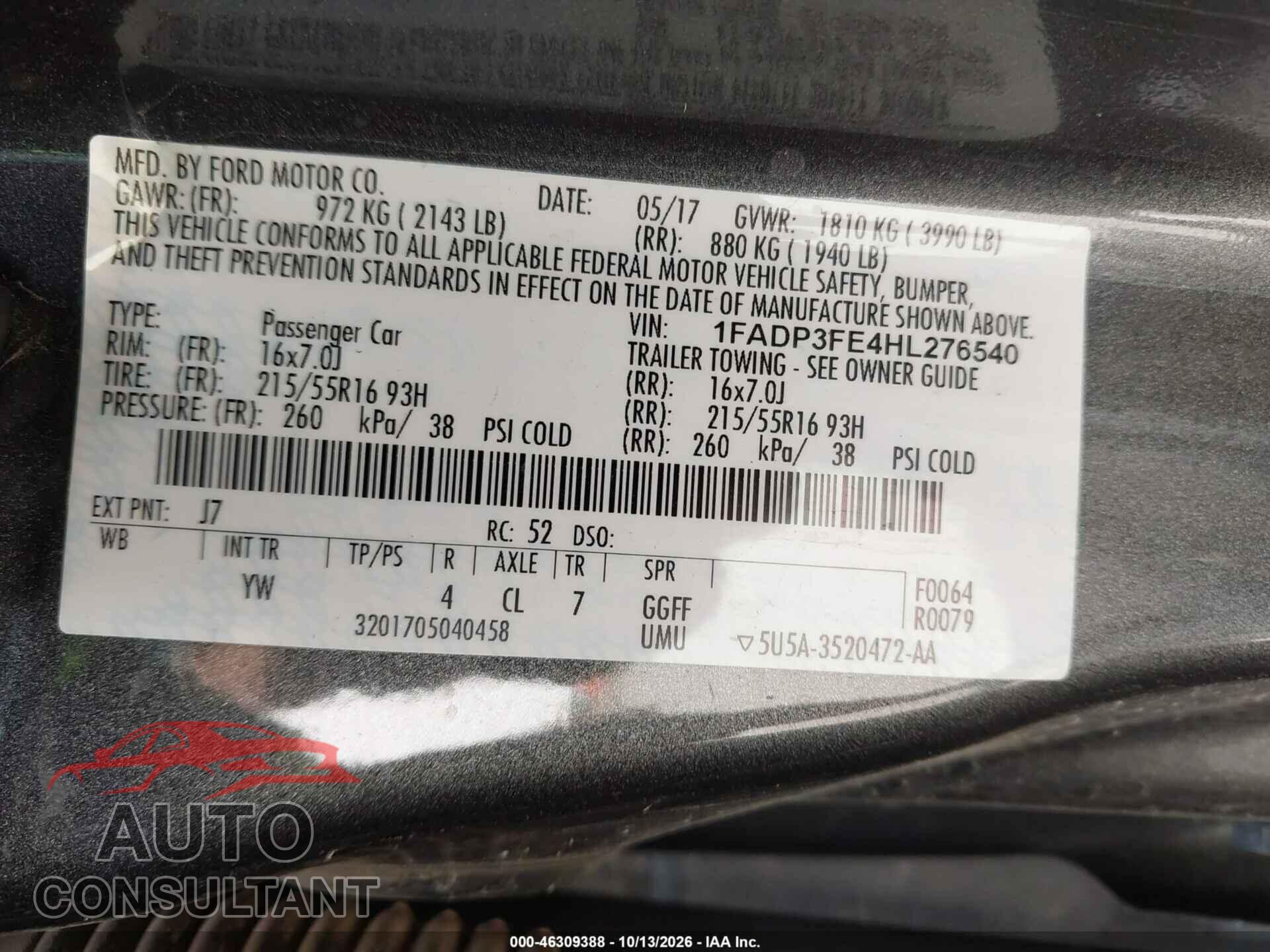 FORD FOCUS 2017 - 1FADP3FE4HL276540