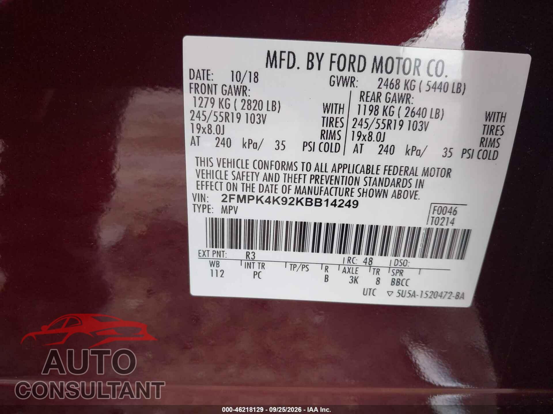 FORD EDGE 2019 - 2FMPK4K92KBB14249