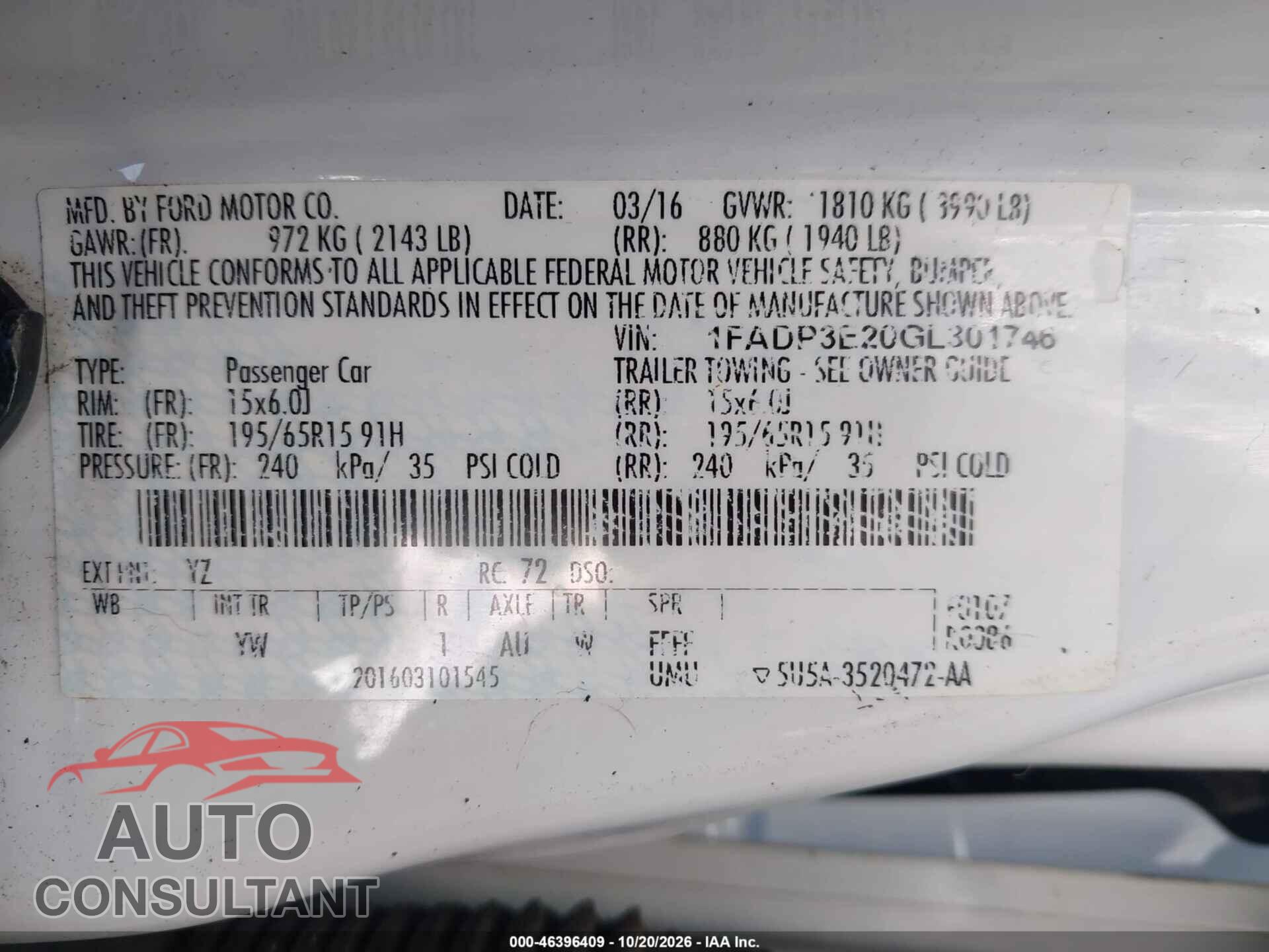 FORD FOCUS 2016 - 1FADP3E20GL301746
