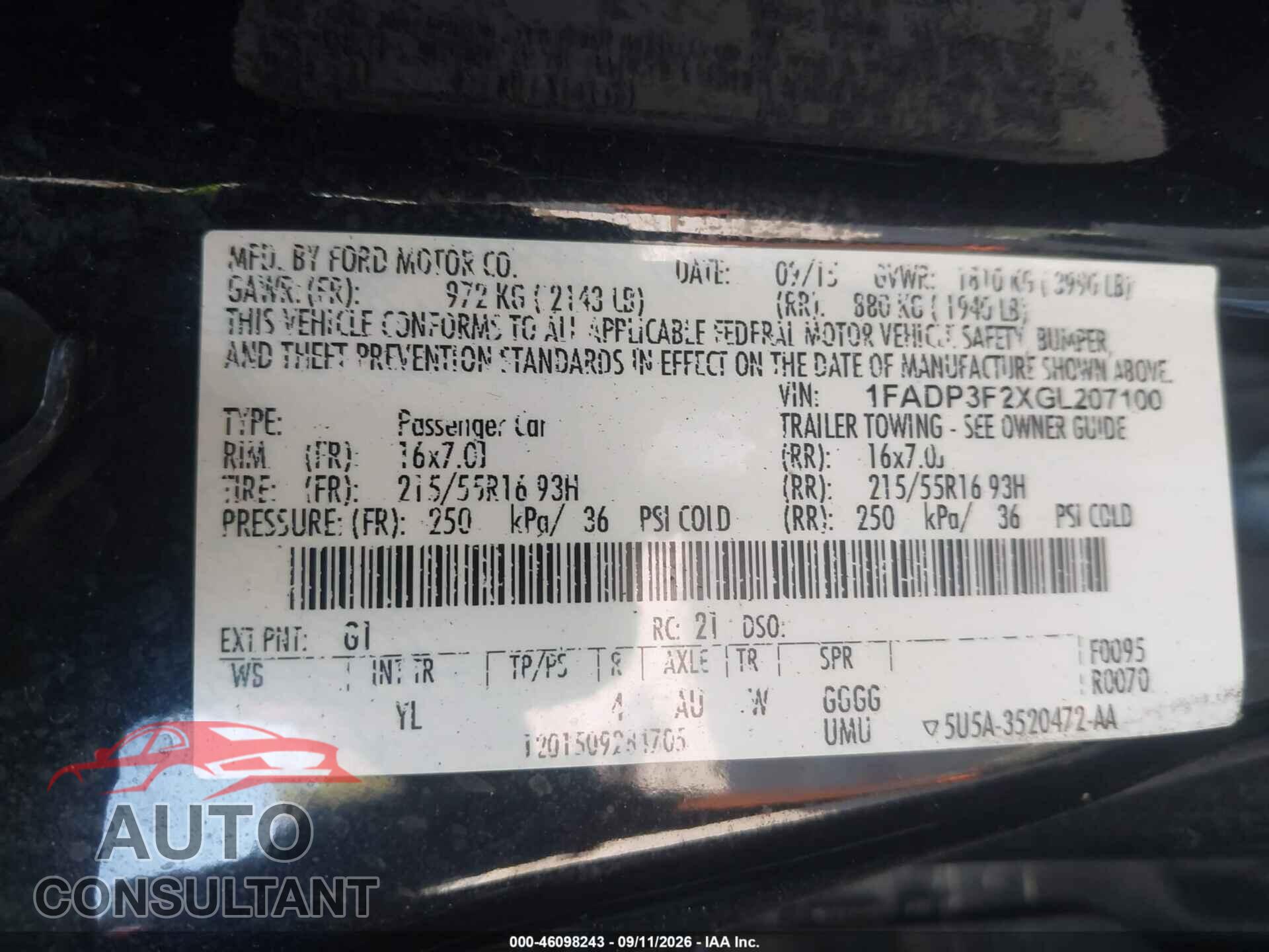 FORD FOCUS 2016 - 1FADP3F2XGL207100