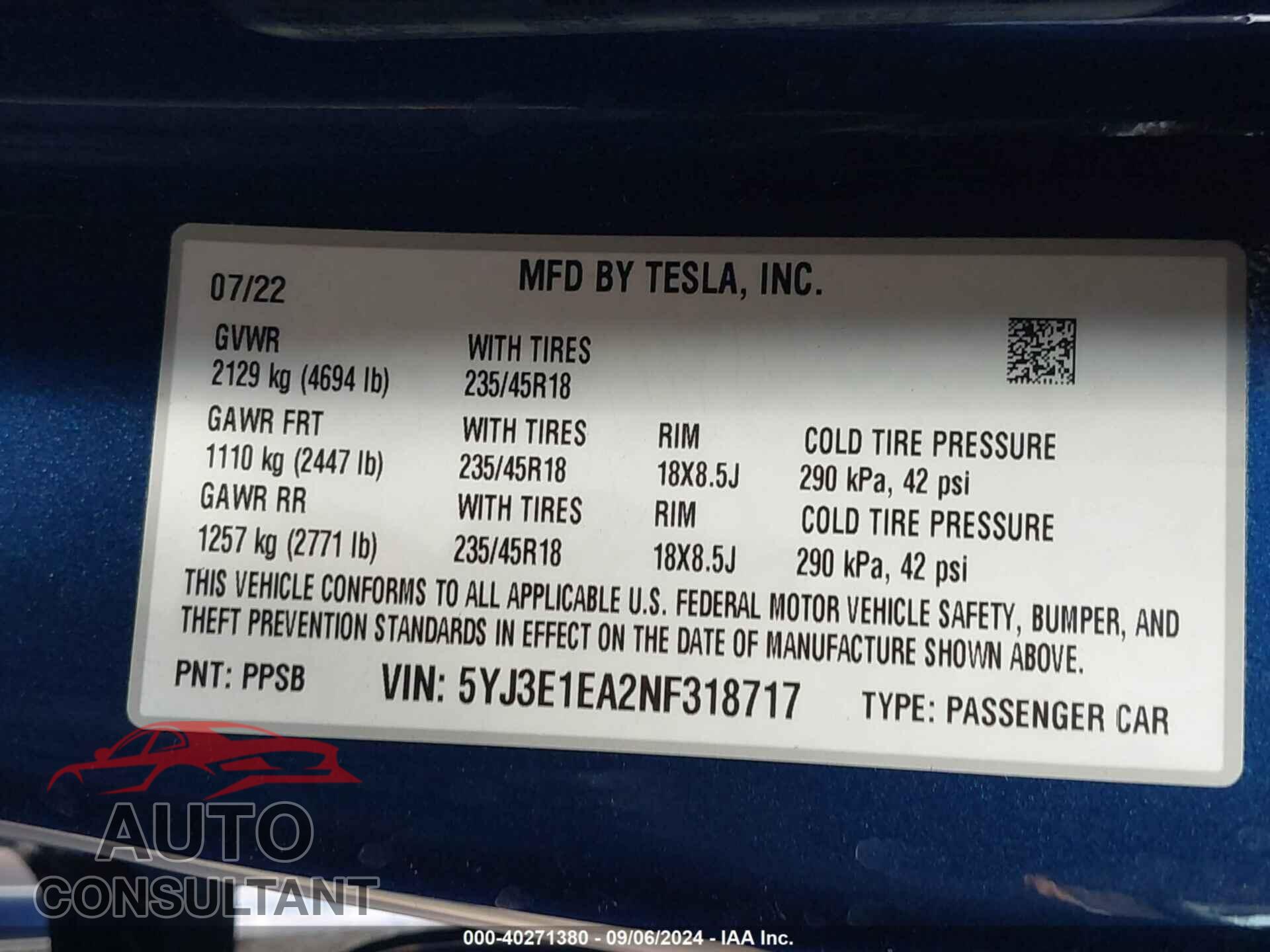 TESLA MODEL 3 2022 - 5YJ3E1EA2NF318717