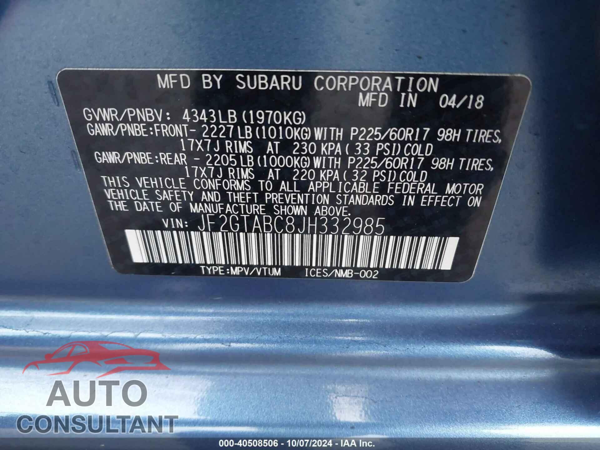 SUBARU CROSSTREK 2018 - JF2GTABC8JH332985