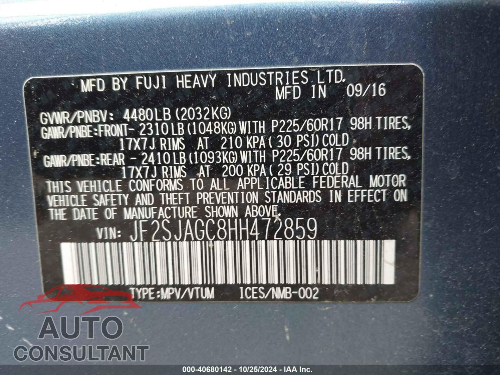 SUBARU FORESTER 2017 - JF2SJAGC8HH472859