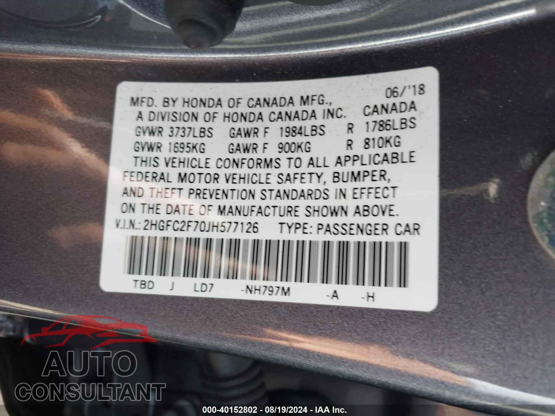 HONDA CIVIC 2018 - 2HGFC2F70JH577126