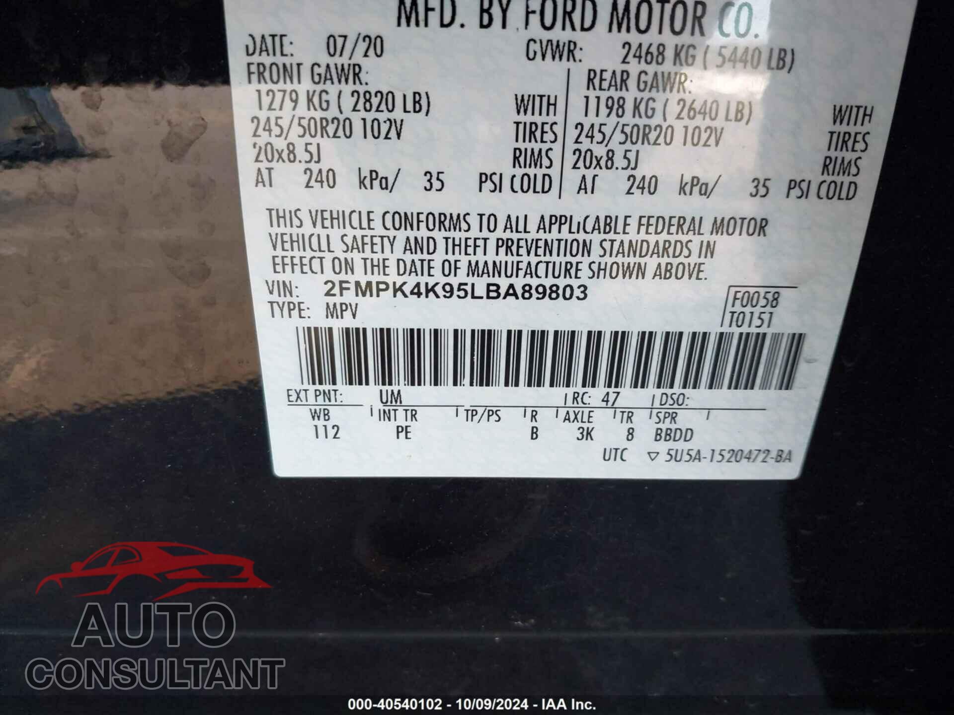 FORD EDGE 2020 - 2FMPK4K95LBA89803
