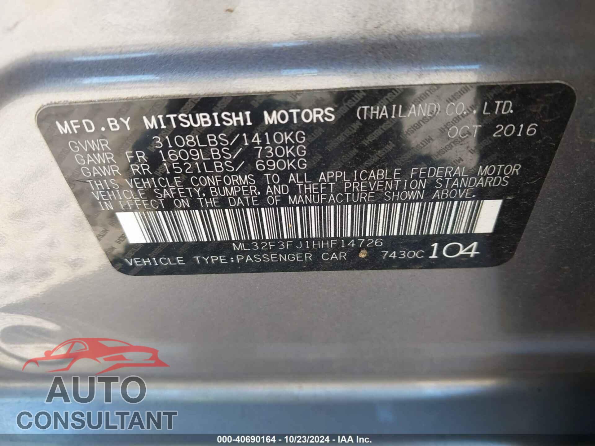 MITSUBISHI MIRAGE G4 2017 - ML32F3FJ1HHF14726