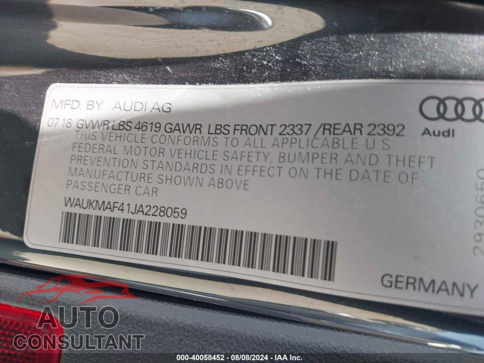 AUDI A4 2018 - WAUKMAF41JA228059