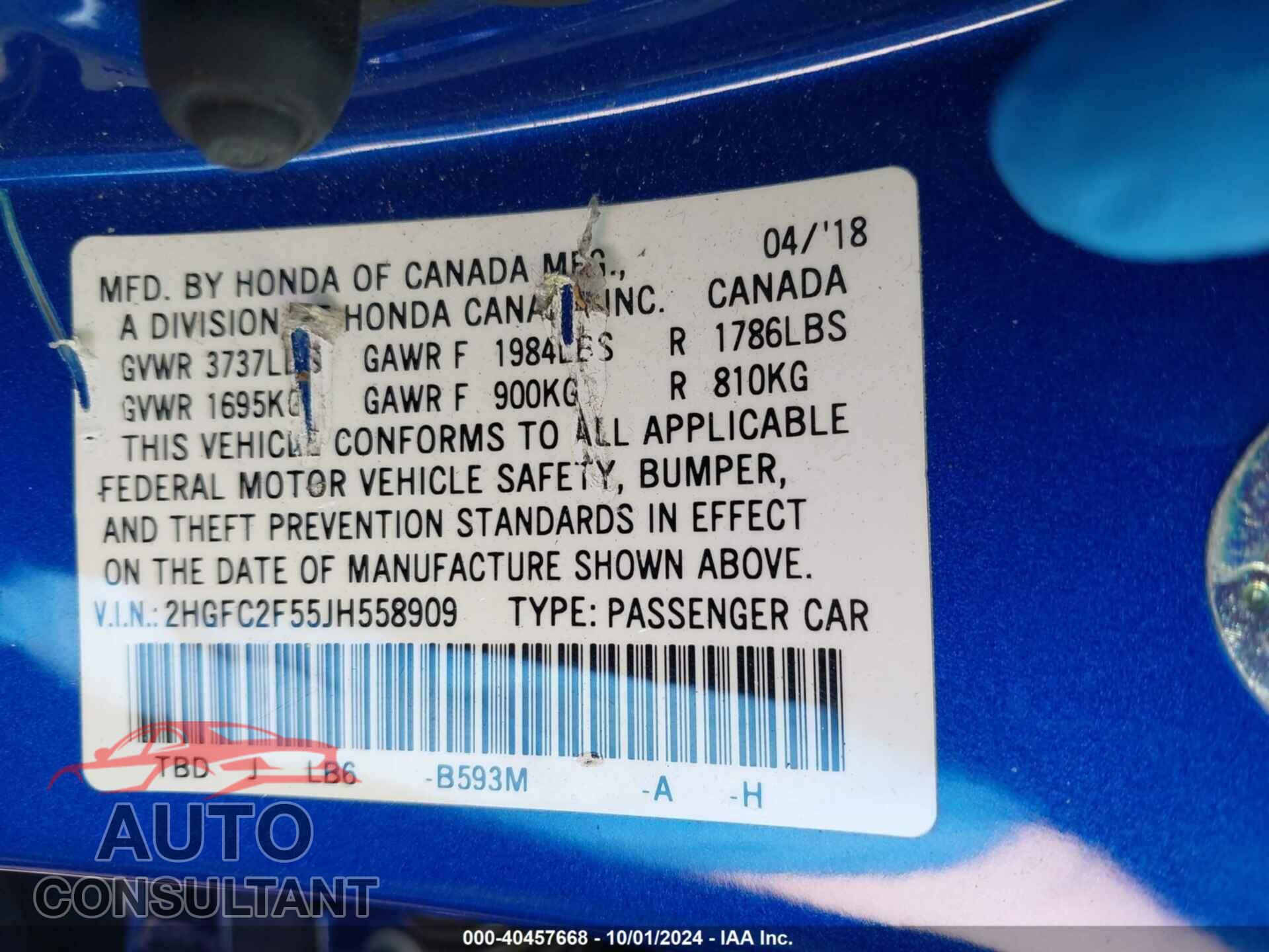 HONDA CIVIC 2018 - 2HGFC2F55JH558909