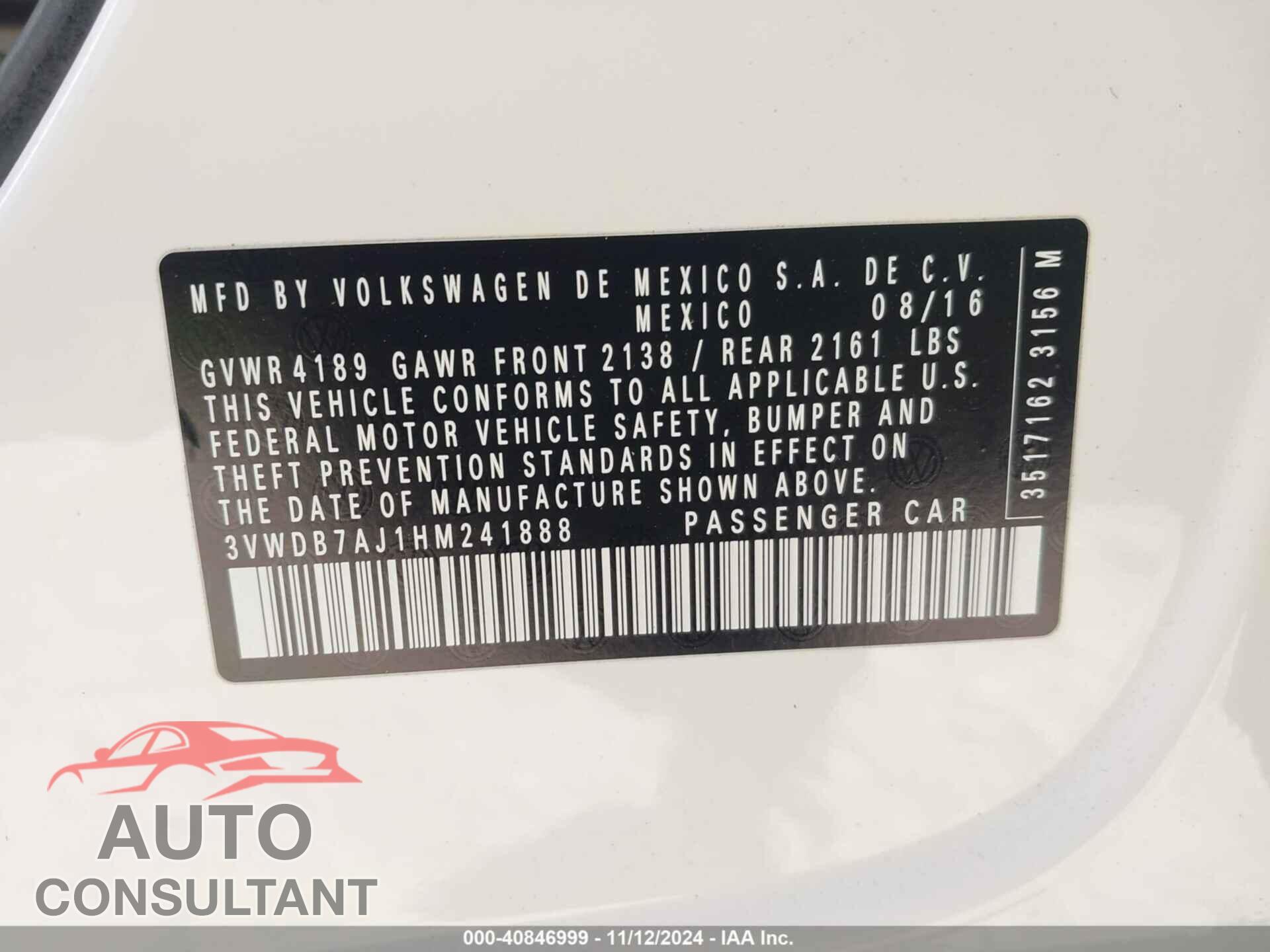 VOLKSWAGEN JETTA 2017 - 3VWDB7AJ1HM241888