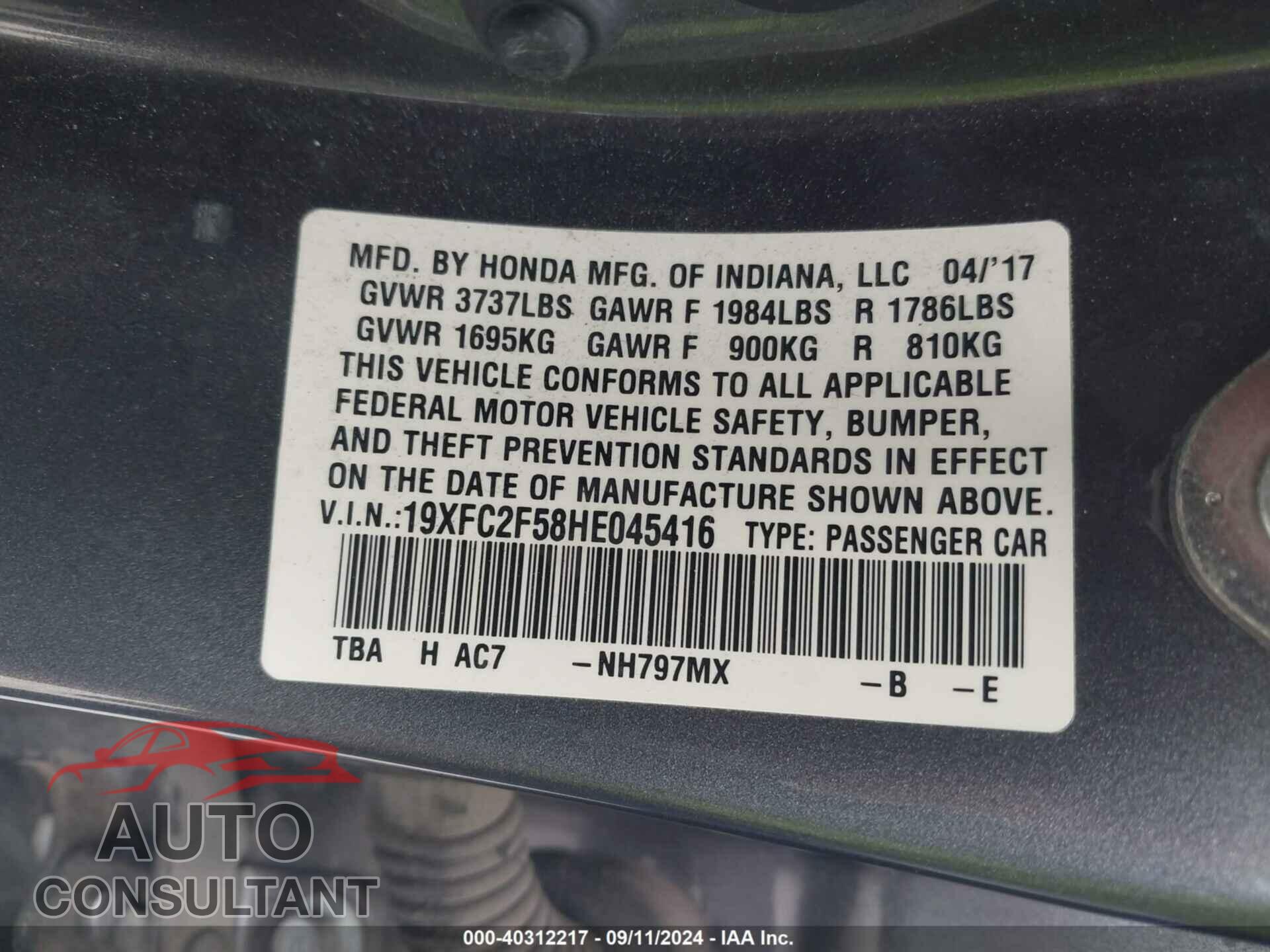 HONDA CIVIC 2017 - 19XFC2F58HE045416