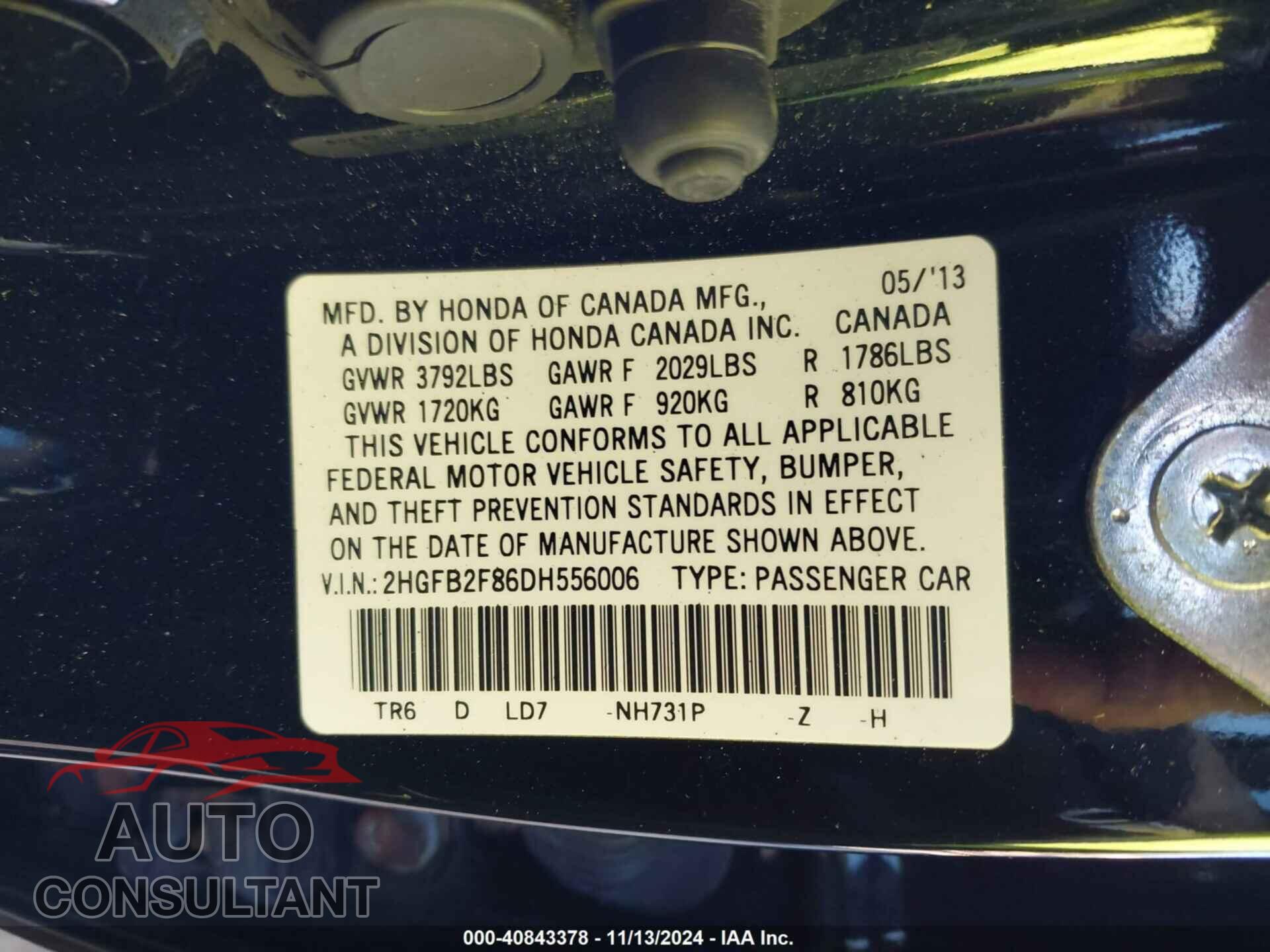HONDA CIVIC 2013 - 2HGFB2F86DH556006