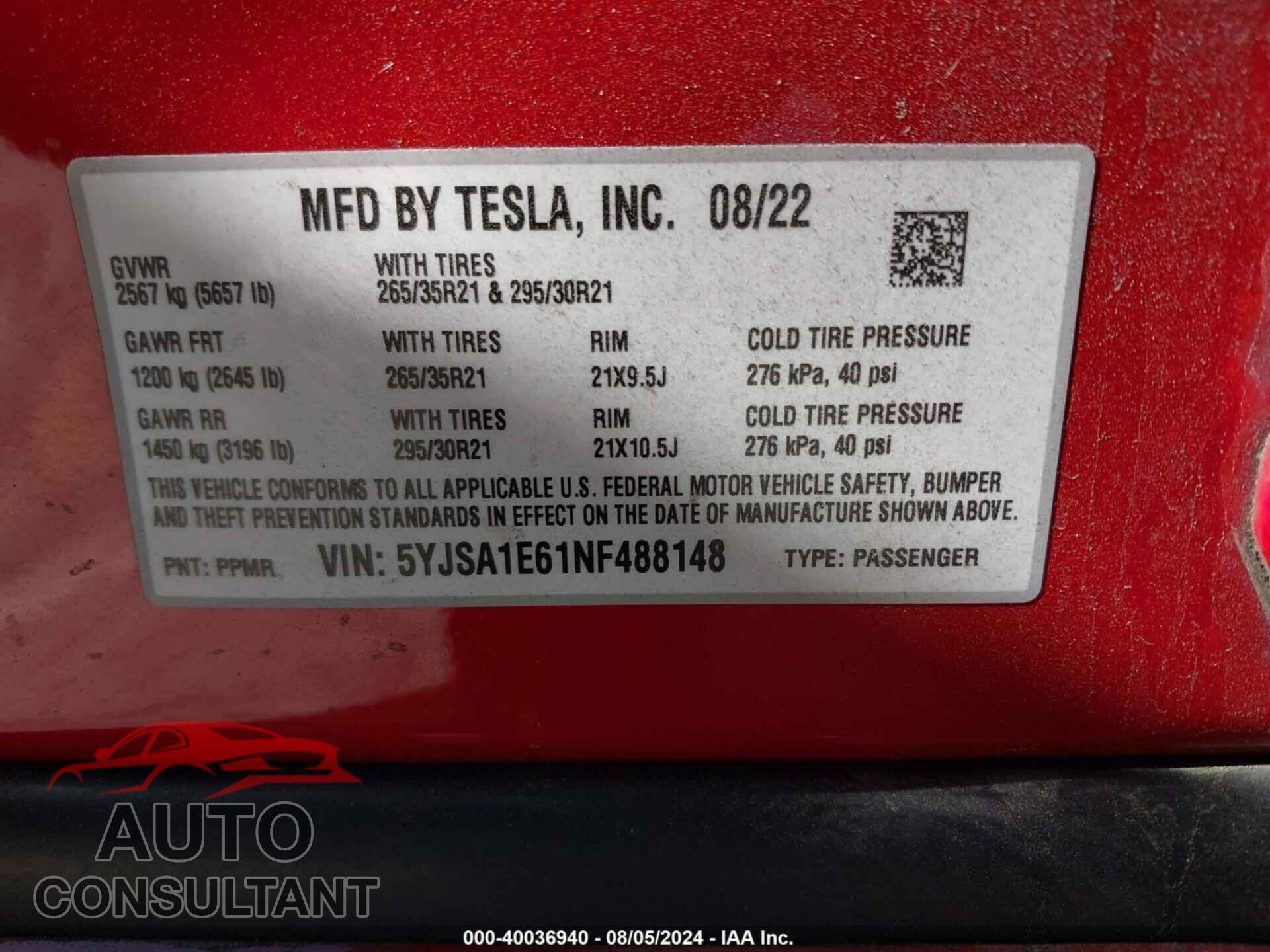 TESLA MODEL S 2022 - 5YJSA1E61NF488148