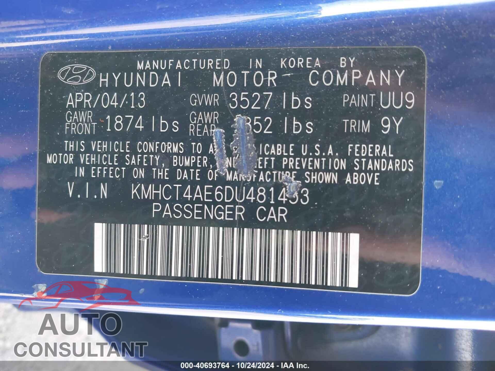 HYUNDAI ACCENT 2013 - KMHCT4AE6DU481453