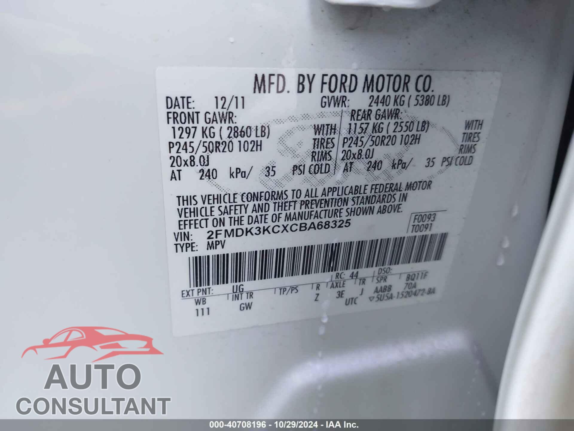 FORD EDGE 2012 - 2FMDK3KCXCBA68325