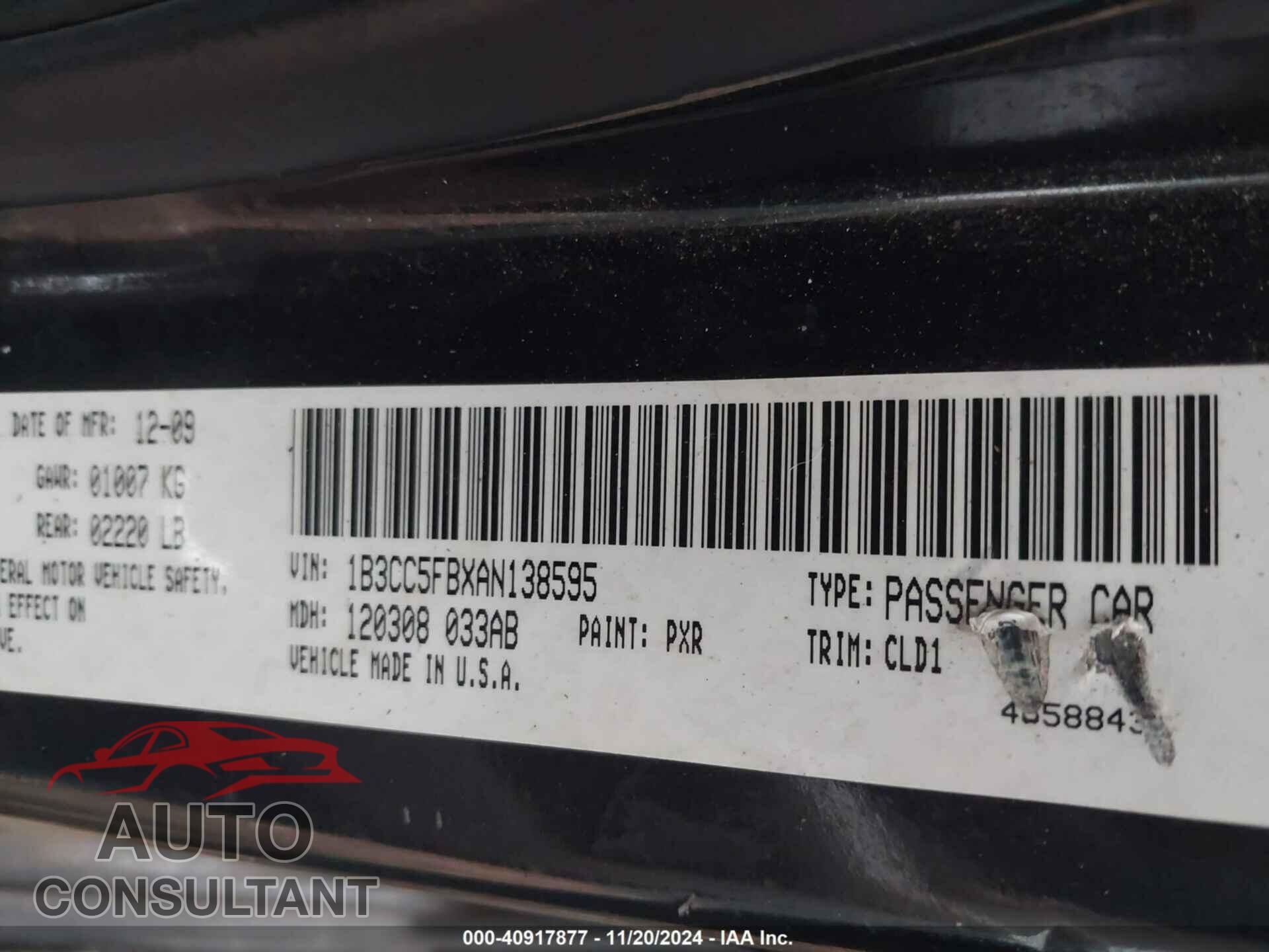 DODGE AVENGER 2010 - 1B3CC5FBXAN138595