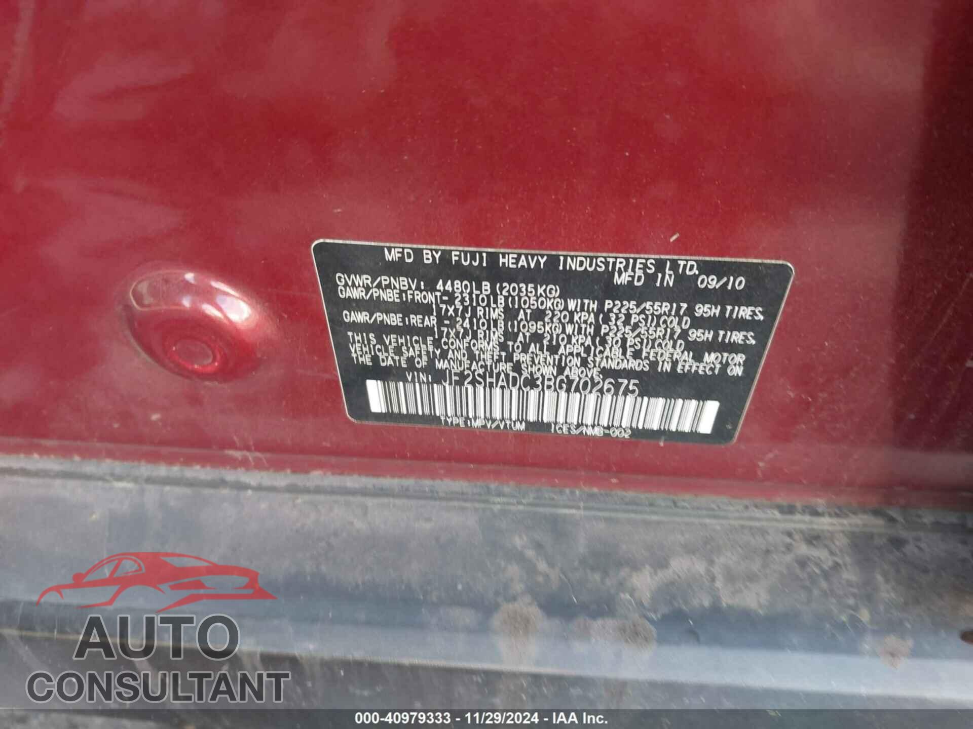 SUBARU FORESTER 2011 - JF2SHADC3BG702675