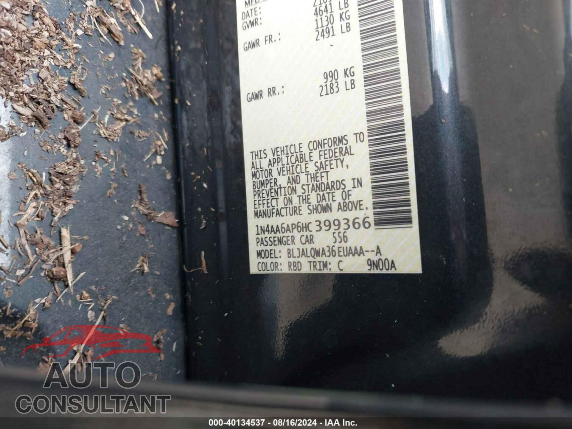 NISSAN MAXIMA 2017 - 1N4AA6AP6HC399366