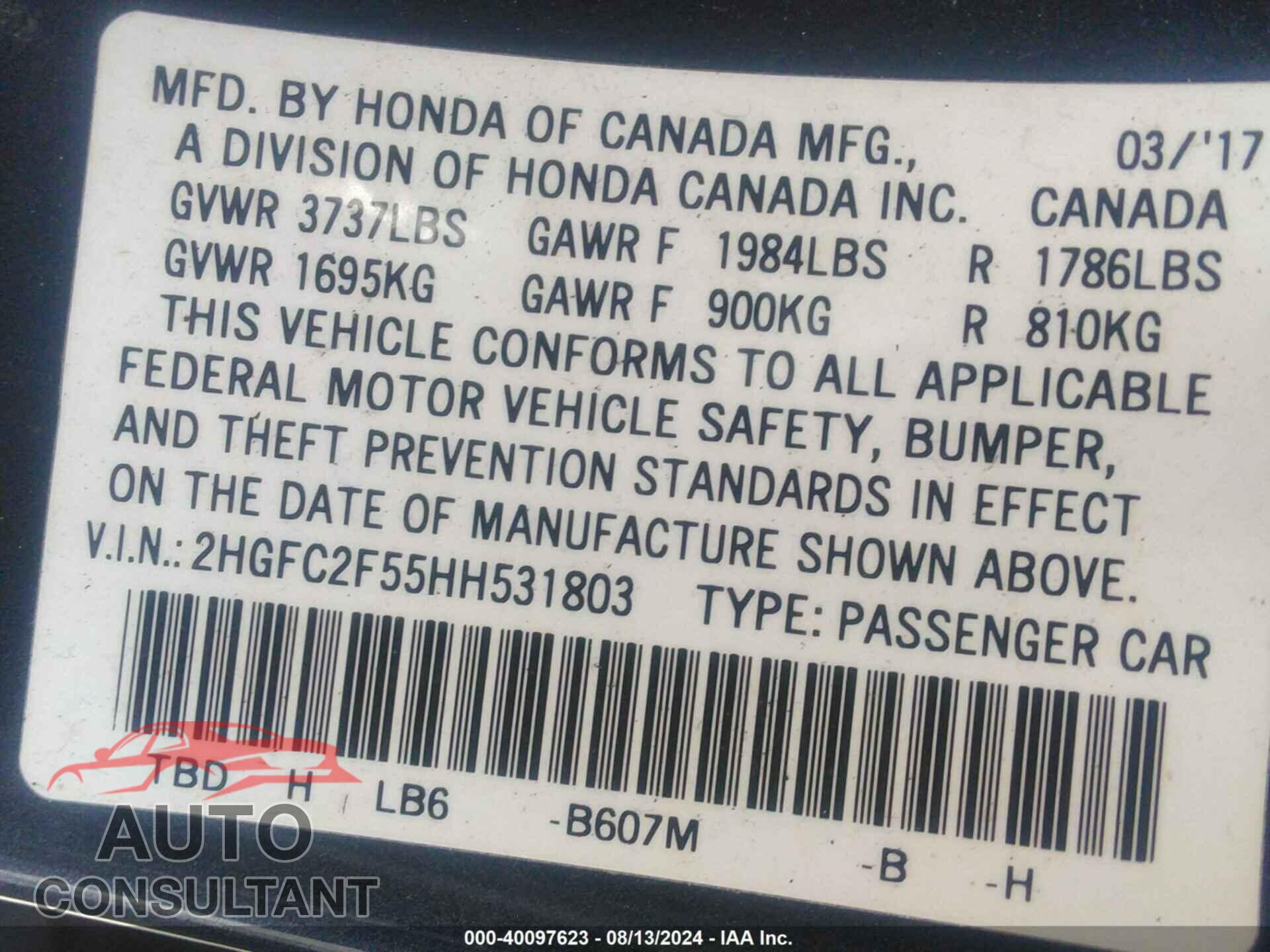 HONDA CIVIC 2017 - 2HGFC2F55HH531803