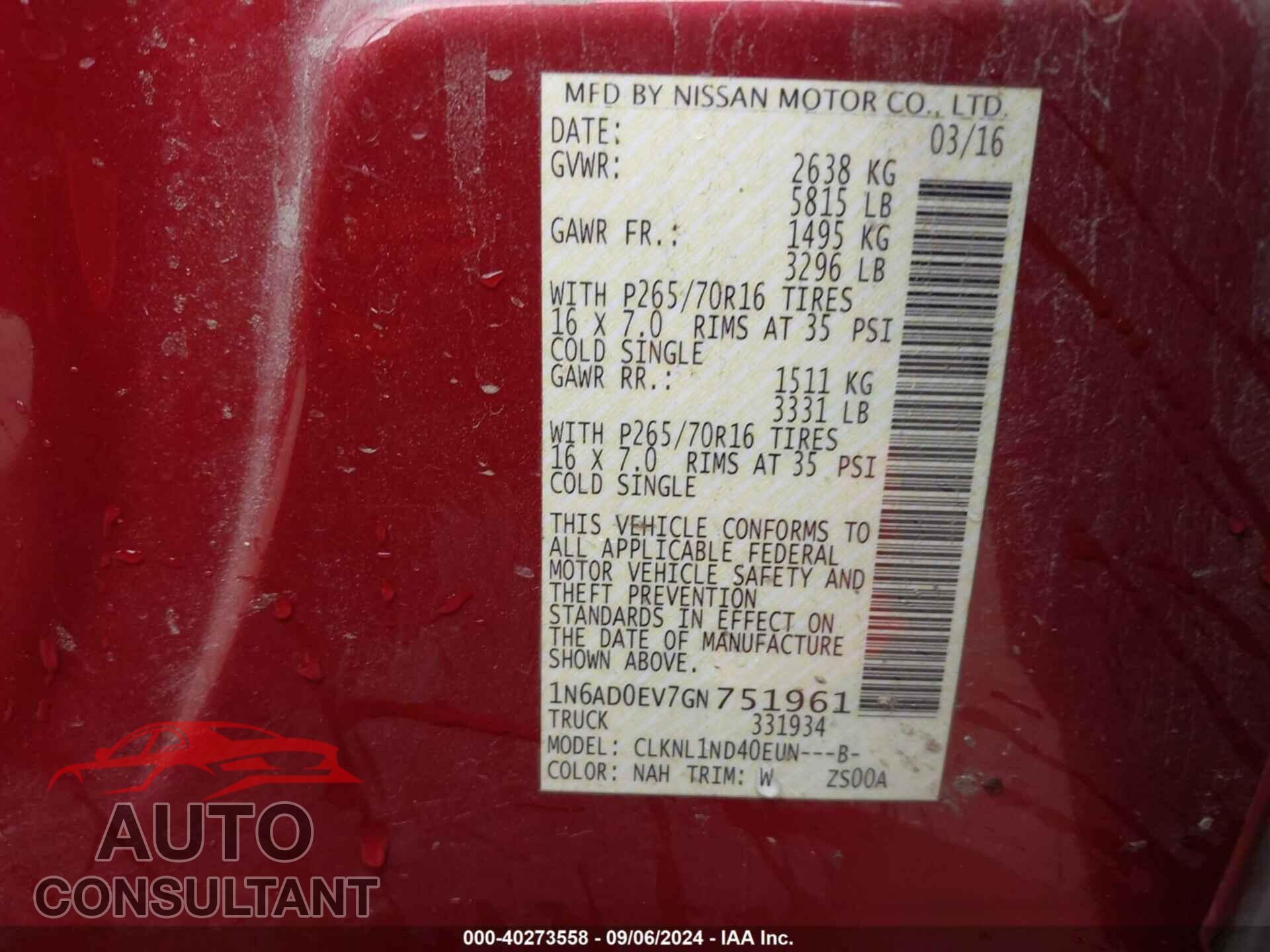 NISSAN FRONTIER 2016 - 1N6AD0EV7GN751961