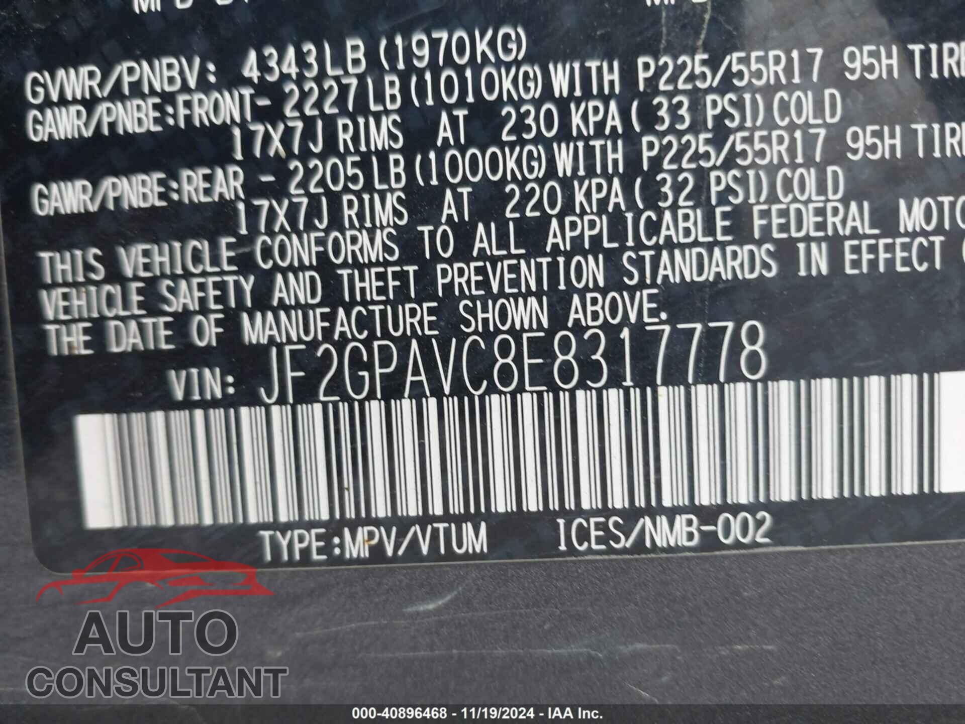 SUBARU XV CROSSTREK 2014 - JF2GPAVC8E8317778