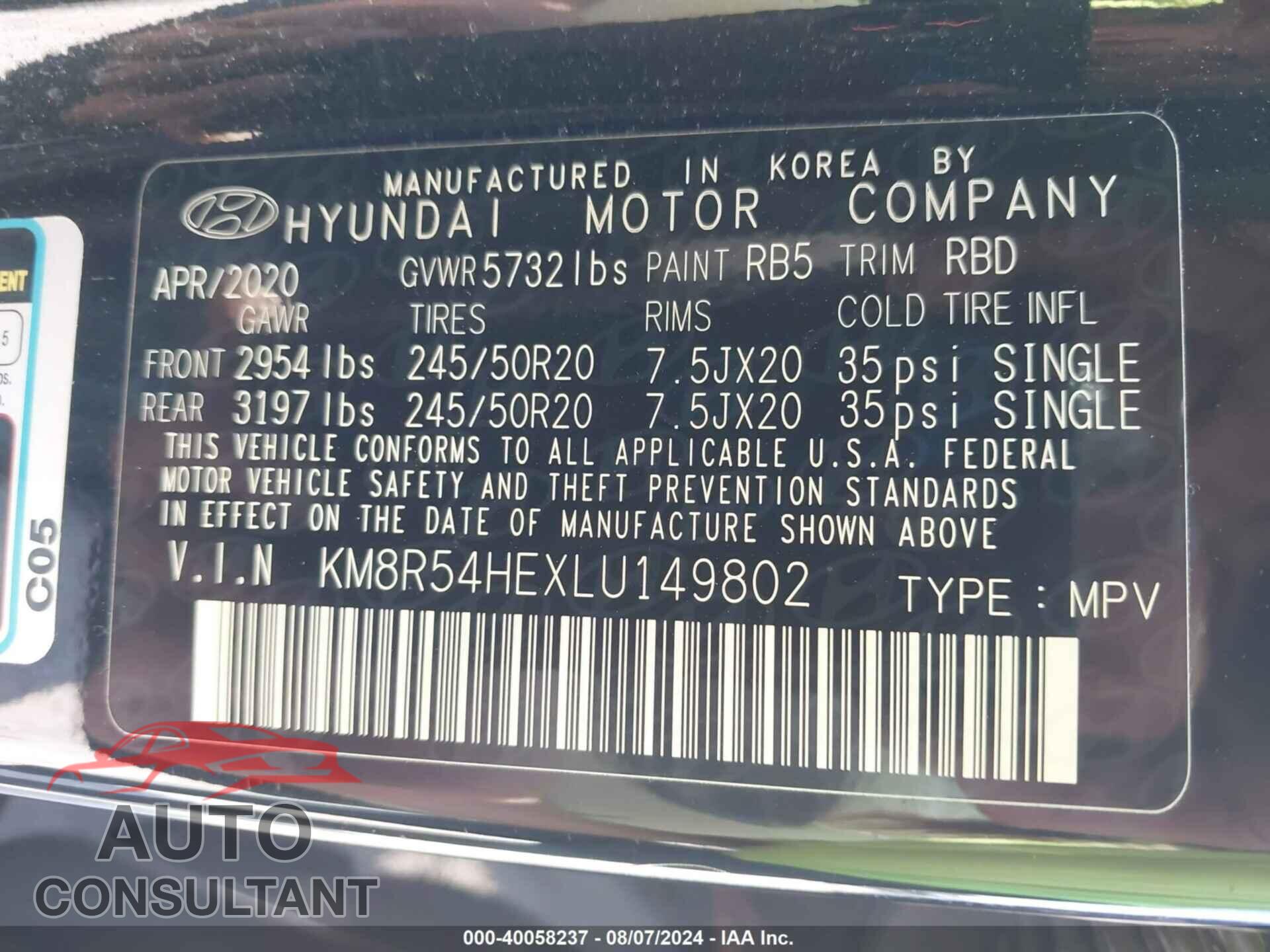 HYUNDAI PALISADE 2020 - KM8R54HEXLU149802