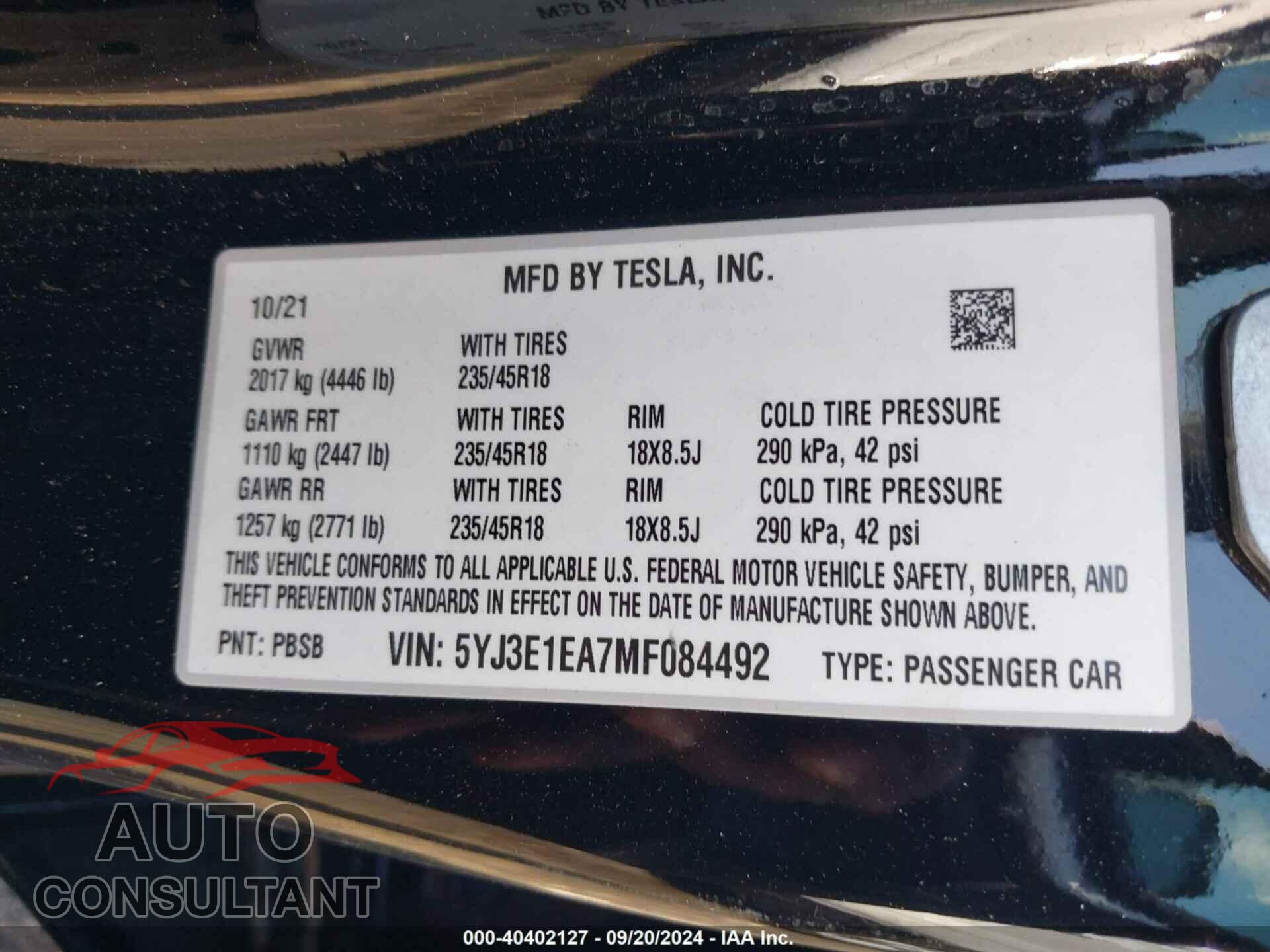 TESLA MODEL 3 2021 - 5YJ3E1EA7MF084492