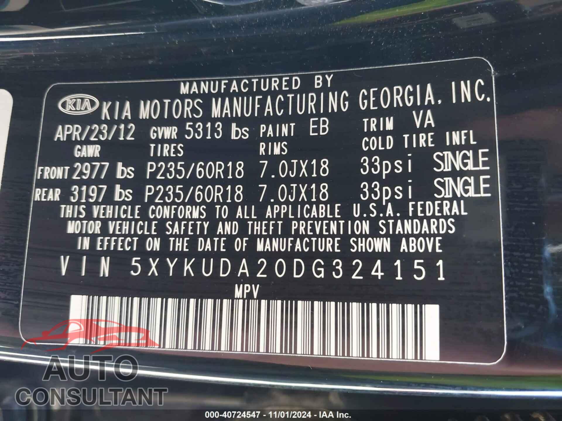 KIA SORENTO 2013 - 5XYKUDA20DG324151