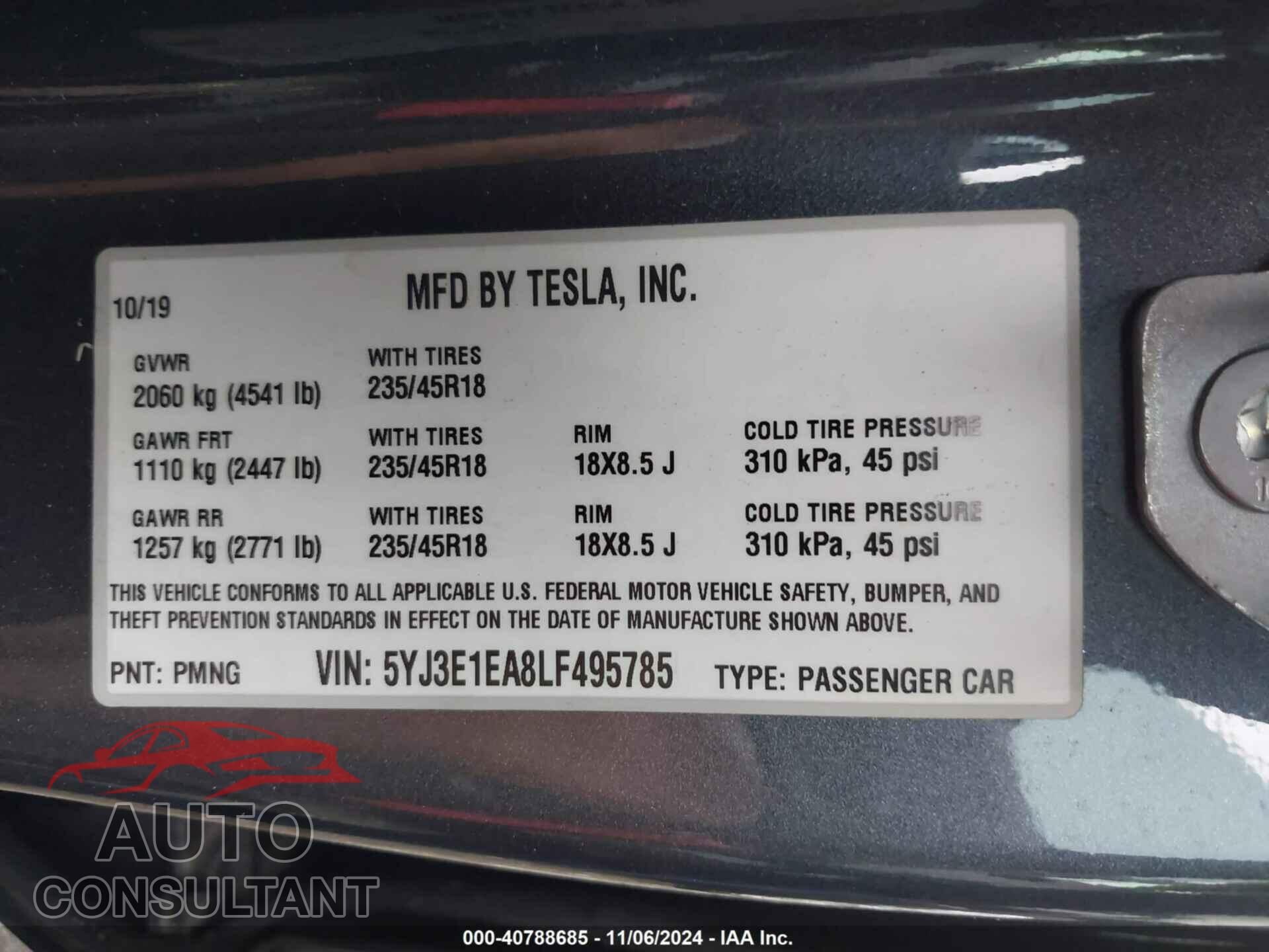 TESLA MODEL 3 2020 - 5YJ3E1EA8LF495785