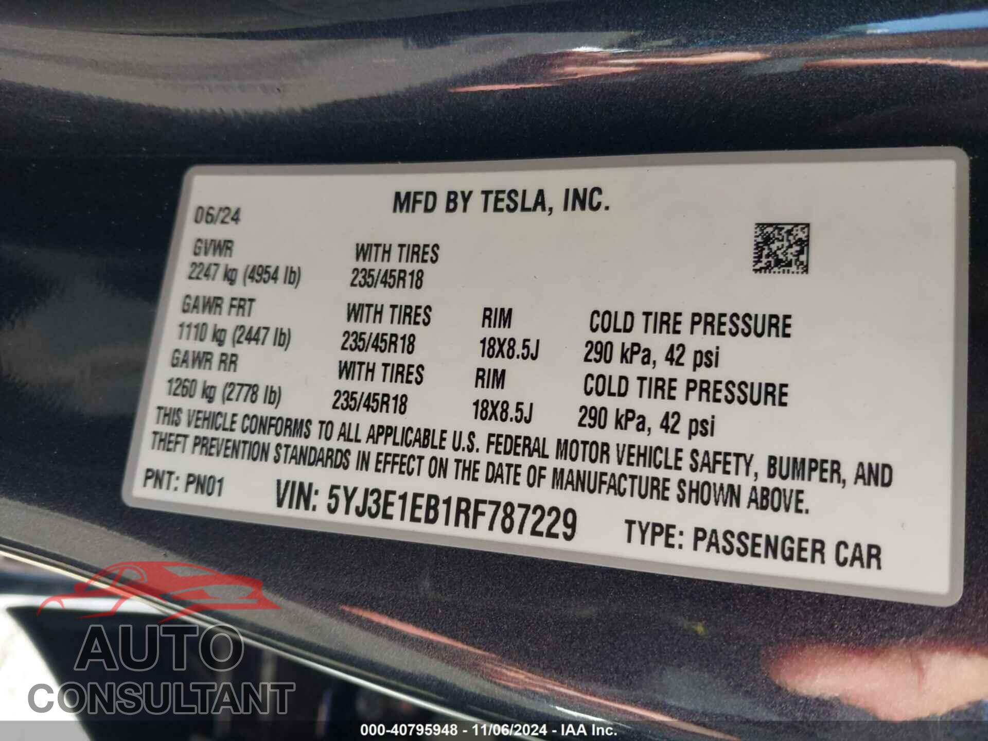 TESLA MODEL 3 2024 - 5YJ3E1EB1RF787229