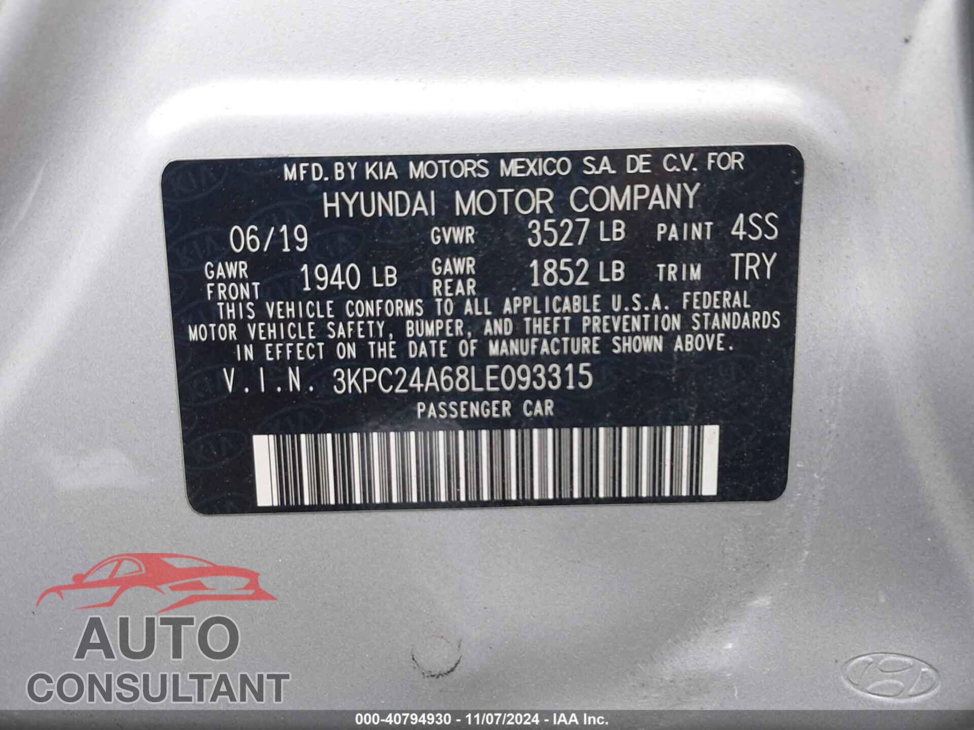 HYUNDAI ACCENT 2020 - 3KPC24A68LE093315