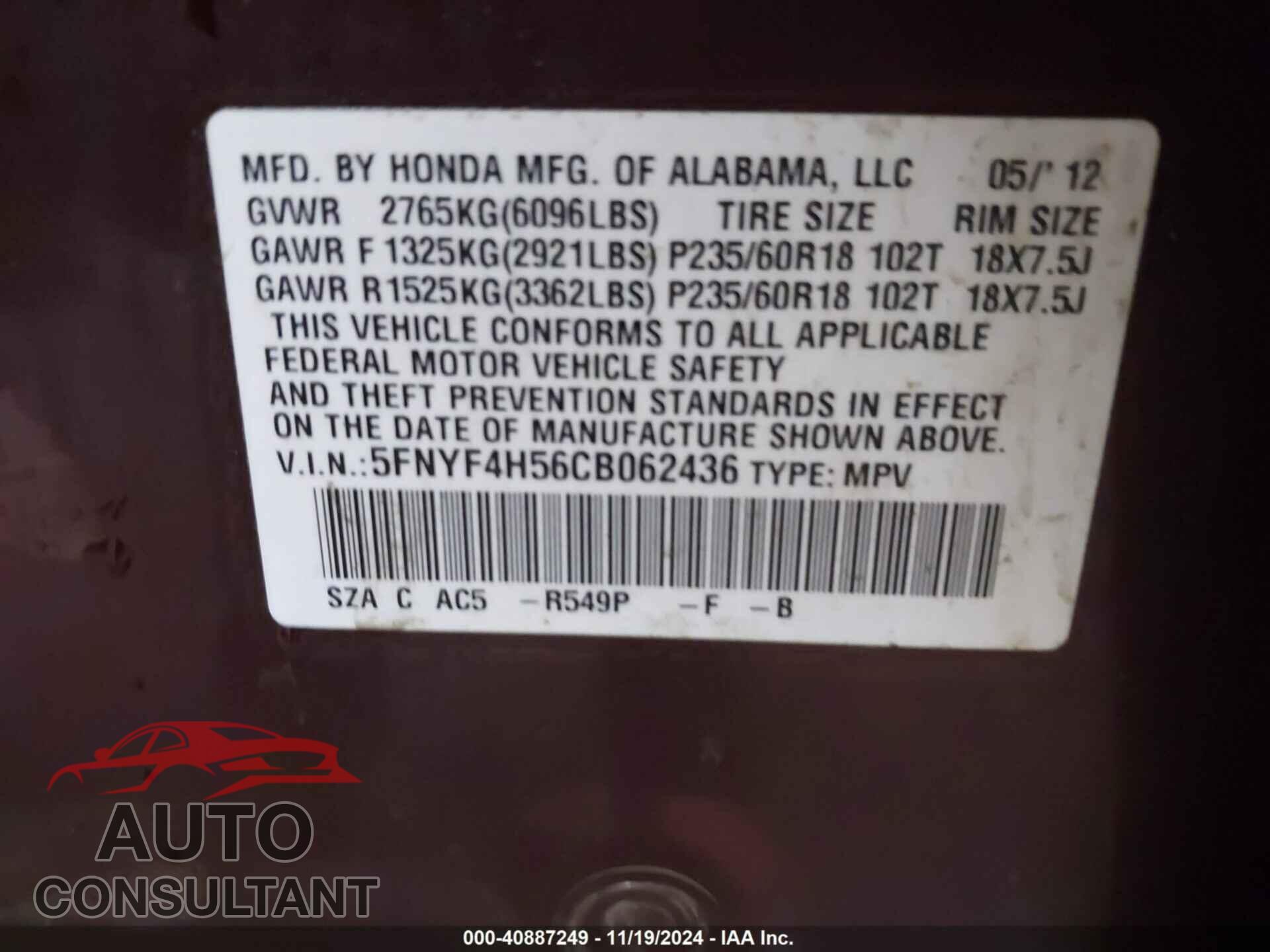 HONDA PILOT 2012 - 5FNYF4H56CB062436